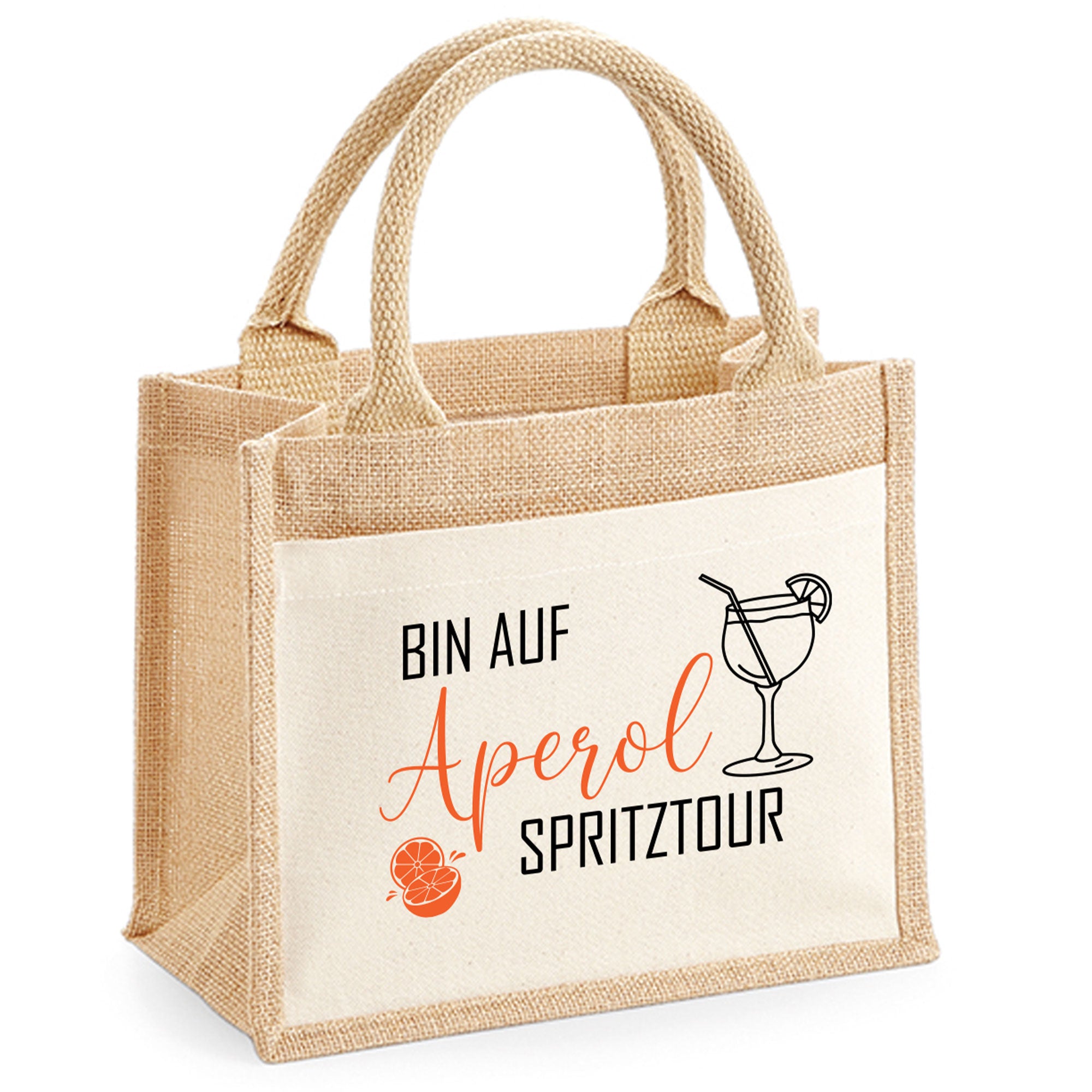Jutetasche mit Aufdruck 'Bin auf Aperol Spritztour' – ideales Geschenk für Aperol-Fans