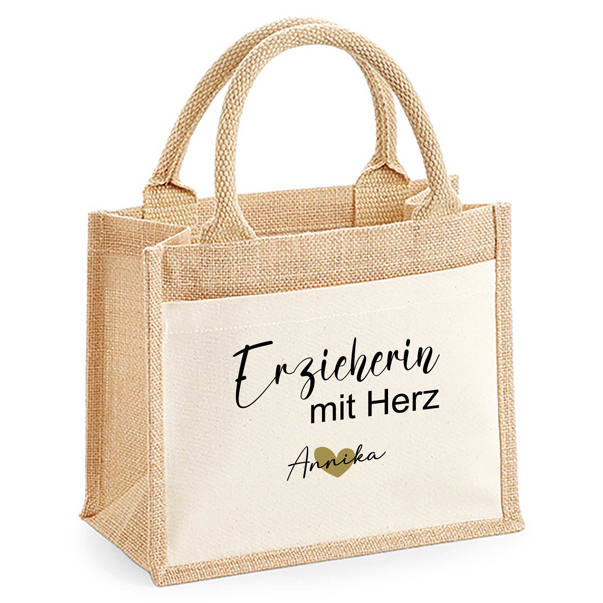 Personalisierte Jutetasche mit Aufdruck „Erzieherin mit Herz“ und Name Annika – liebevolles Abschiedsgeschenk