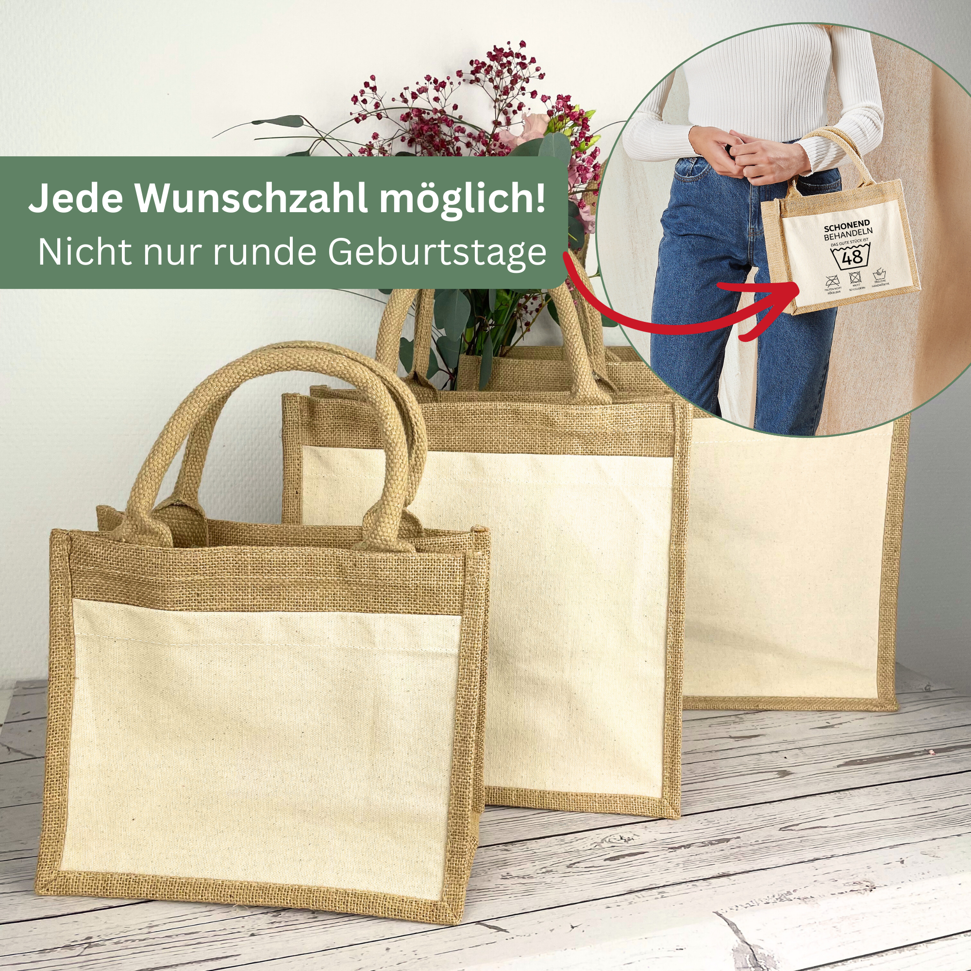 Personalisierte Jutetasche zum Geburtstag „Schonend behandeln“ – Lustiges Geburtstagsgeschenk mit Wunschzahl