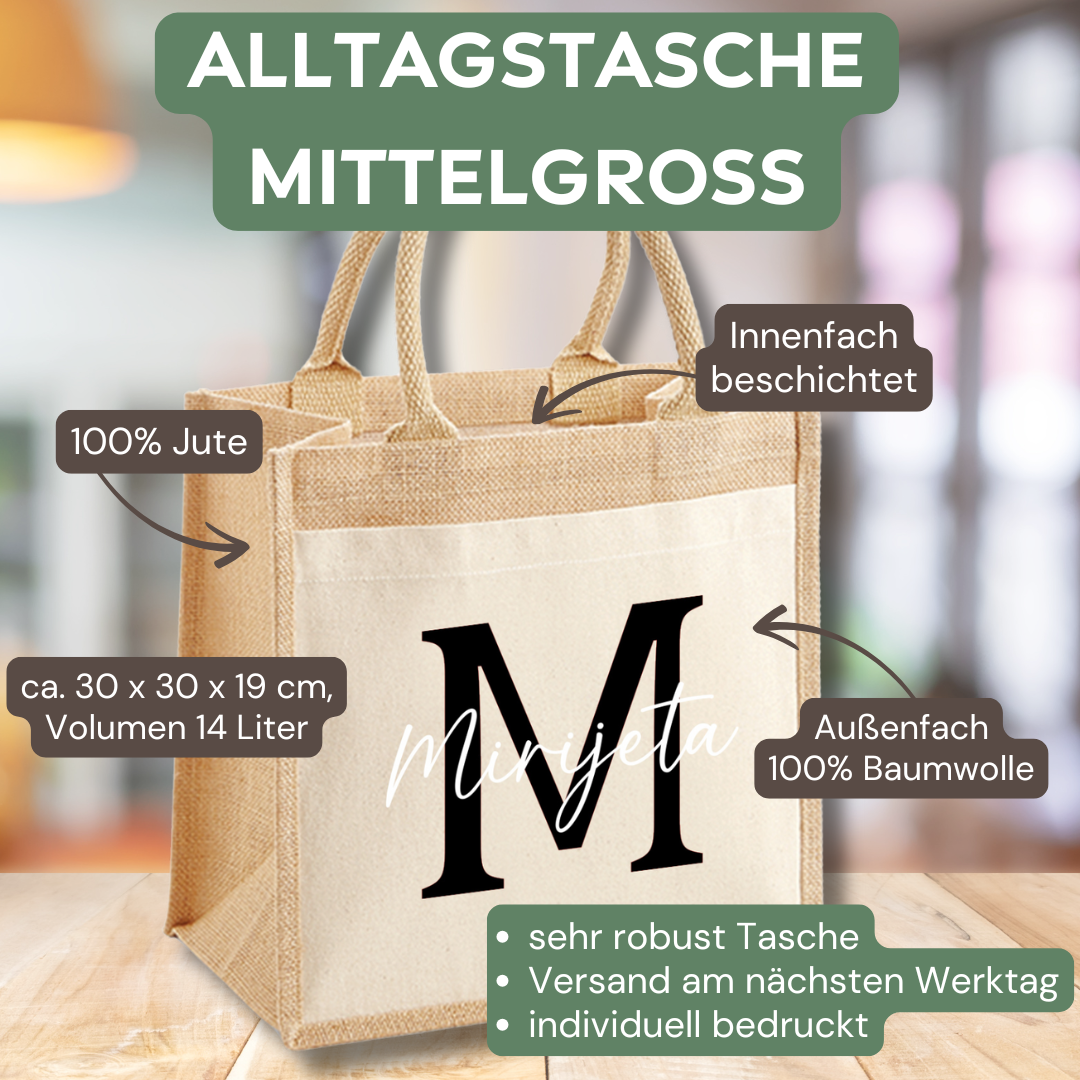 Mittelgroße Jutetasche mit Initial und Namen, ideal als personalisiertes Geschenk für Frauen oder als Einkaufstasche.