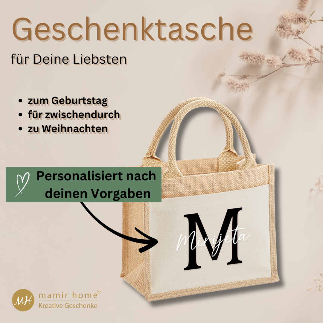Personalisierte Jutetasche mit Initial und Namen – Geschenkidee für Frauen zum Geburtstag, Muttertag oder Weihnachten.