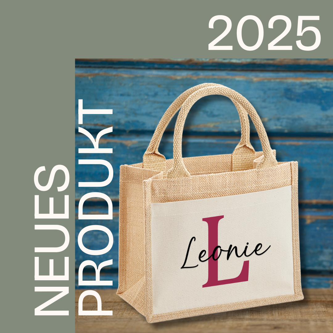 Neues Produkt 2025 – personalisierte Jutetasche mit Initial und Namen für Frauen, Mütter und Freundinnen.