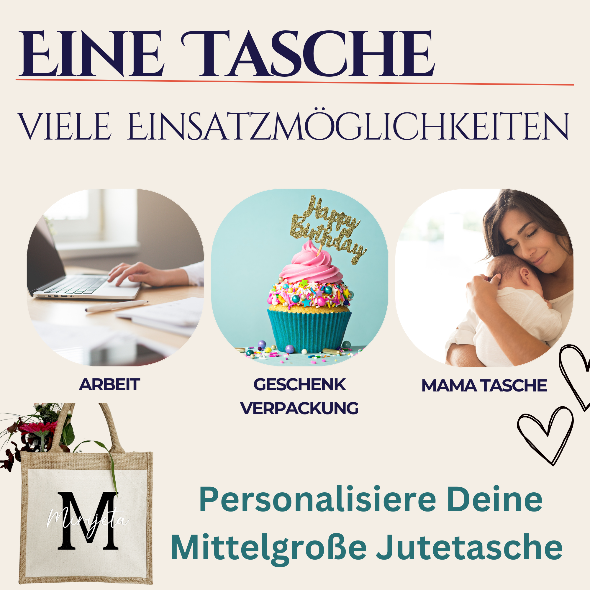 Vielseitige personalisierte Jutetasche mit Initial – als Geschenk, Mama-Tasche oder Alltagstasche einsetzbar.