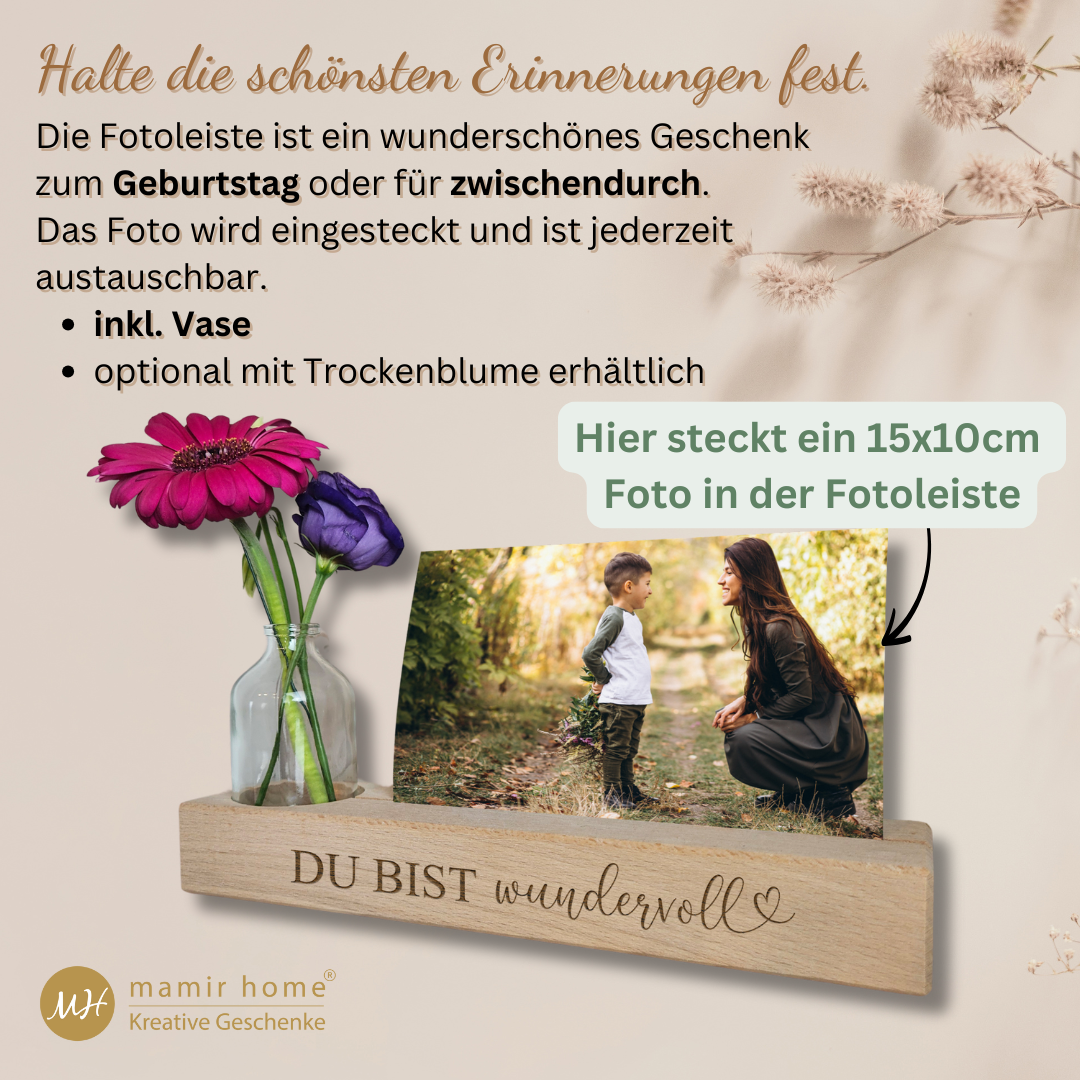 Kartenständer aus Holz mit Vase und Gravur – Geschenk für Freundin oder Mama