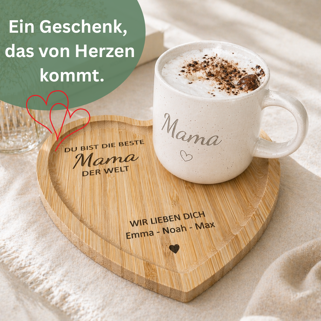 Muttertagsgeschenk Mama personalisiert – Tasse mit Herz-Tablett | Geschenk für Mama mit Namen | Du bist die beste Mama/Oma der Welt