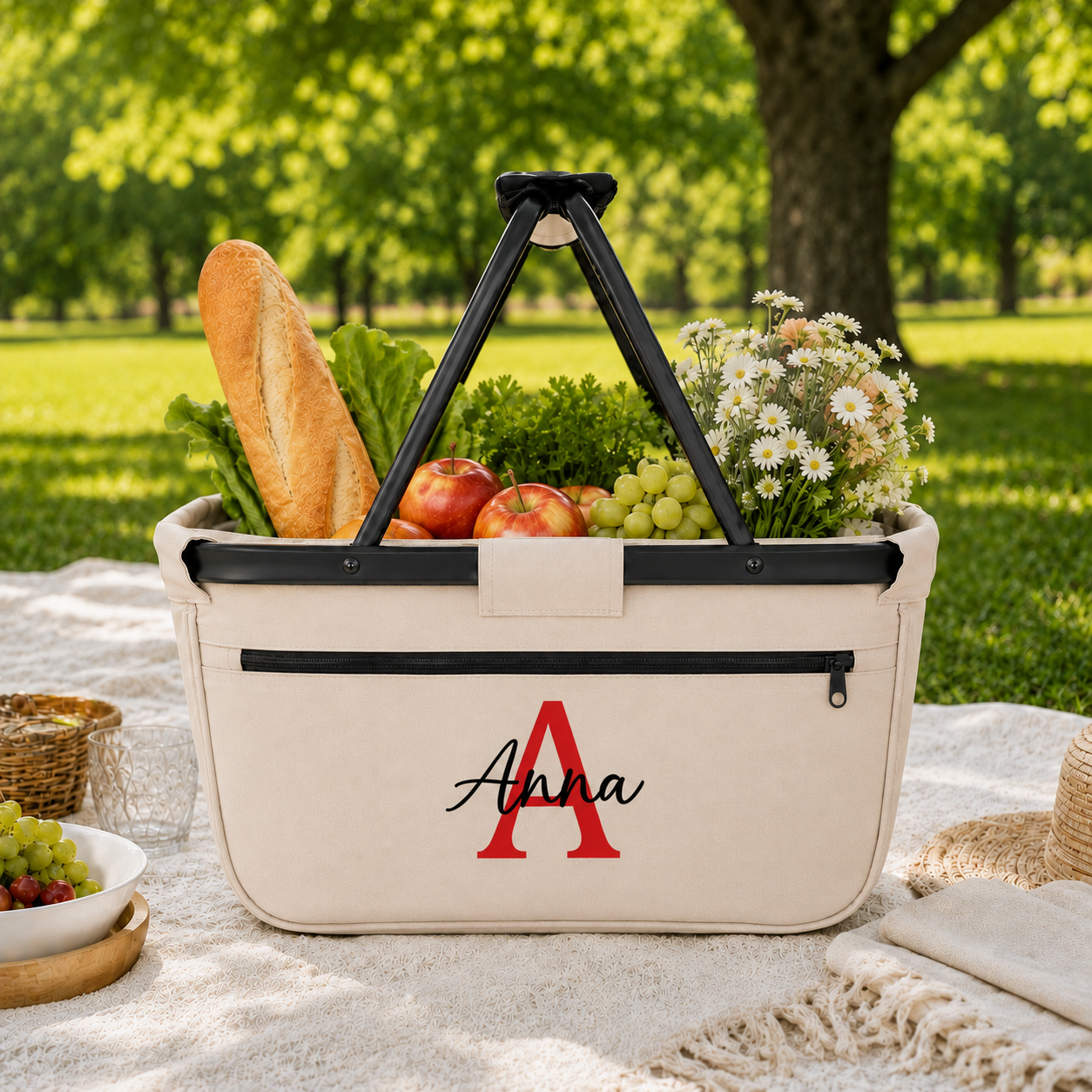 Personalisierter faltbarer Korb mit rotem Initial A und schwarzem Namen Anna bei einem sommerlichen Picknick.
