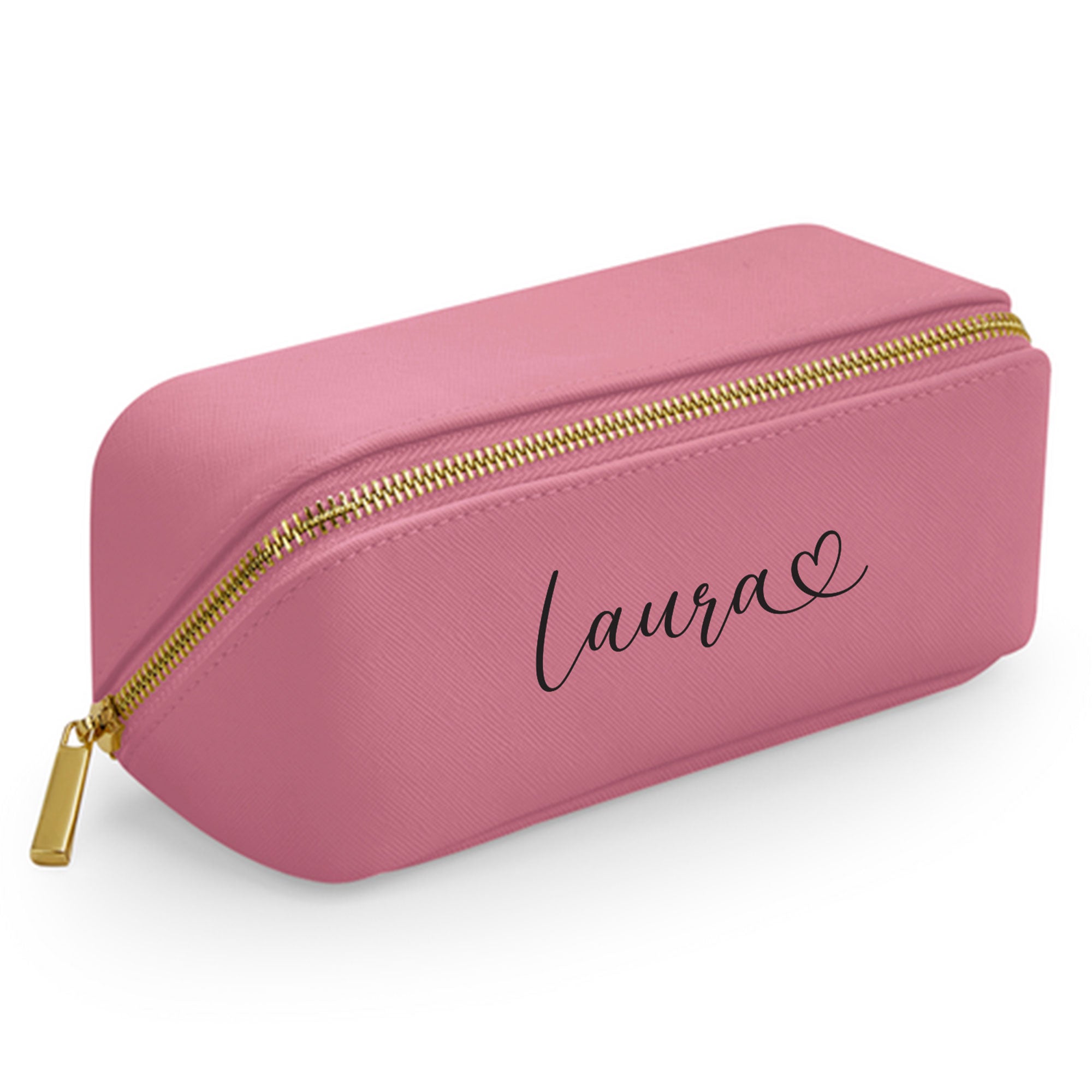 Kleine Kosmetiktasche in Altrosa mit Herz-Schrift personalisiert
