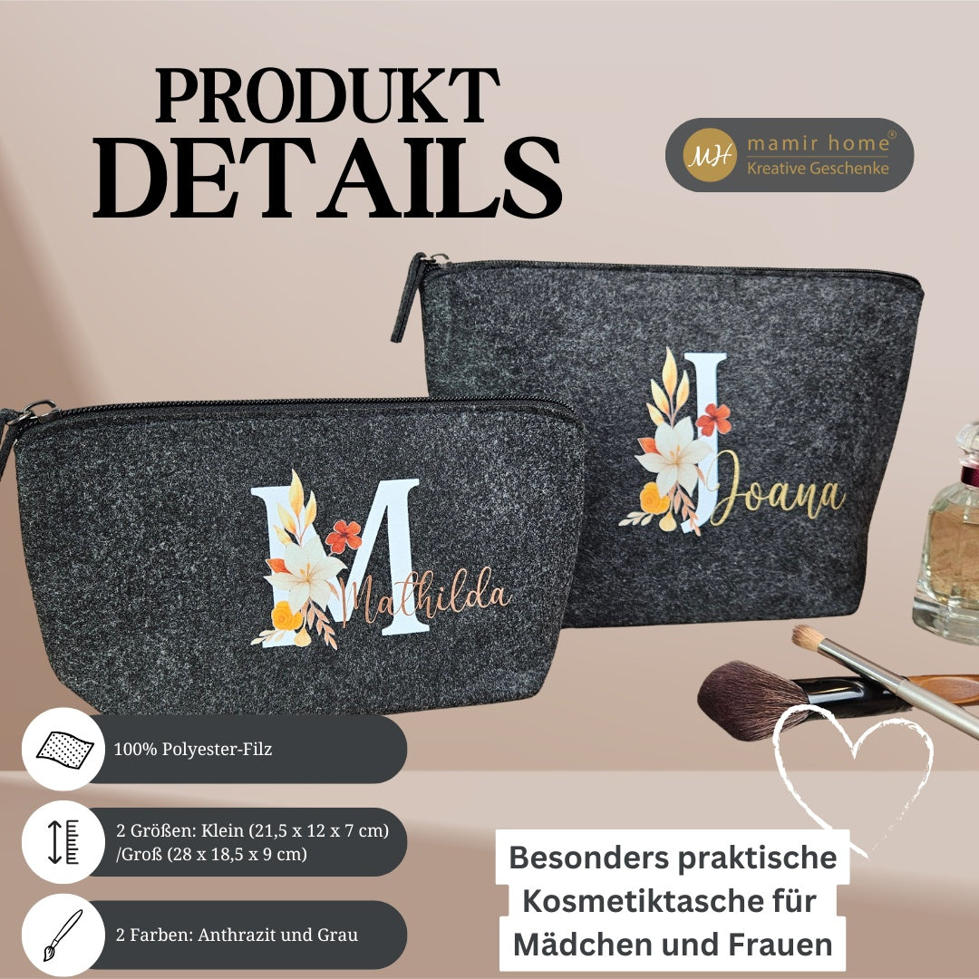 Zwei personalisierte Schminktaschen aus Filz in Anthrazit mit Initial und Namen Mathilda und Joana