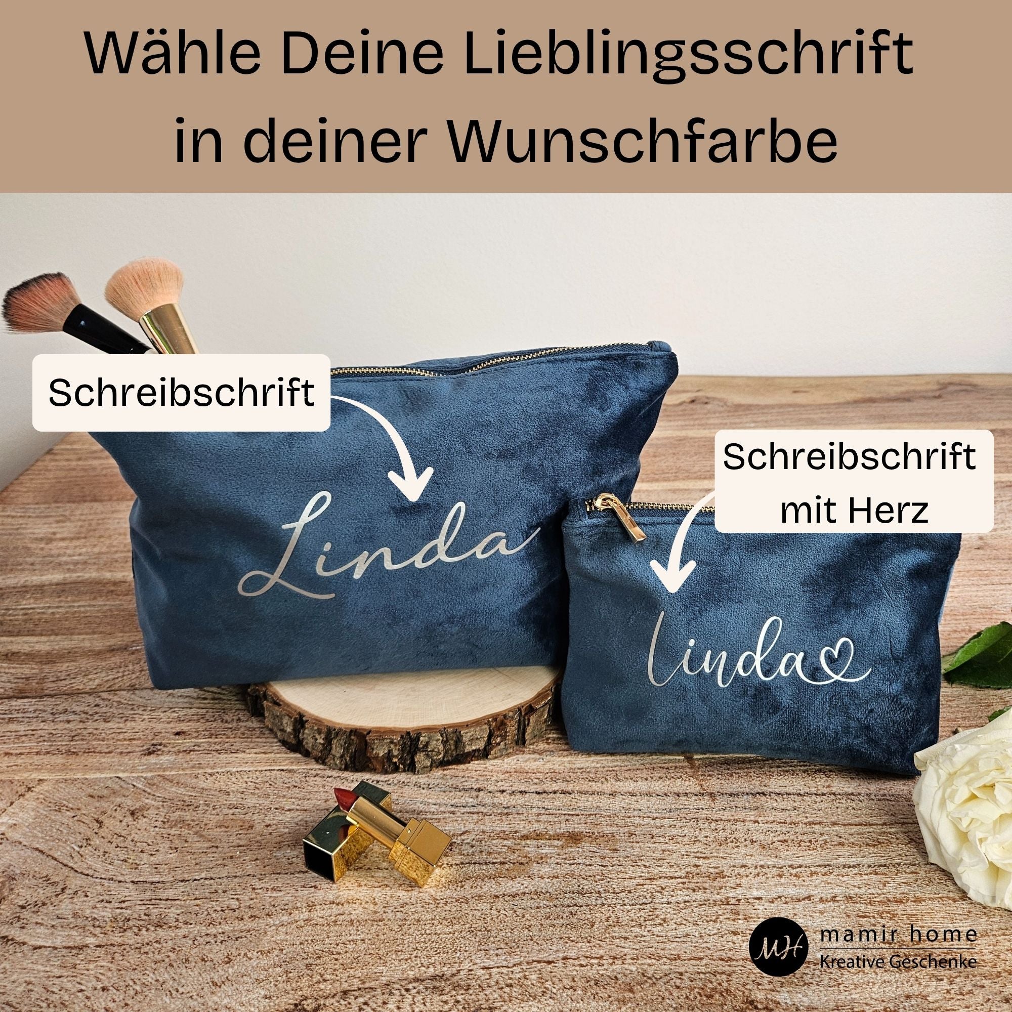 Zwei Kosmetiktaschen in Blau mit silberner Namensgravur Linda – große und kleine Variante, ideal für Alltag und Reise.