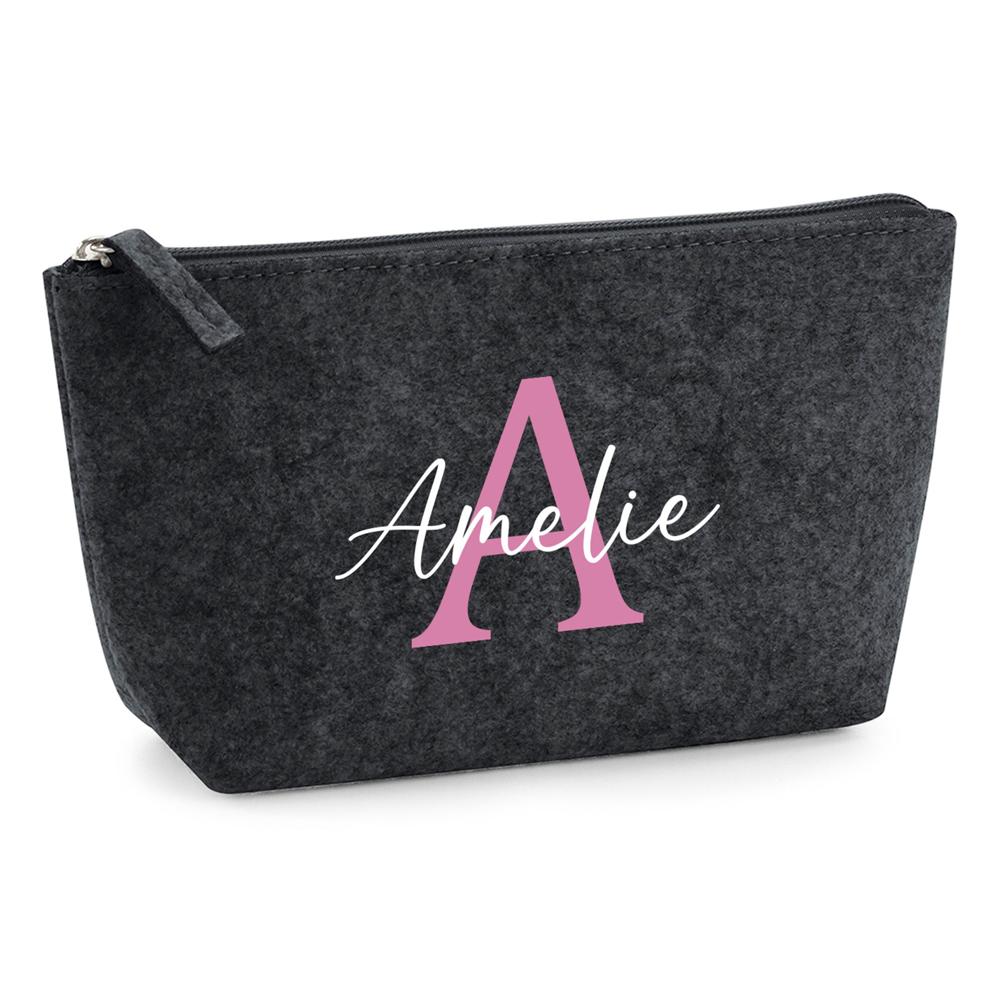 Kleine personalisierte Kosmetiktasche aus Filz in Anthrazit mit Namen und Initial.