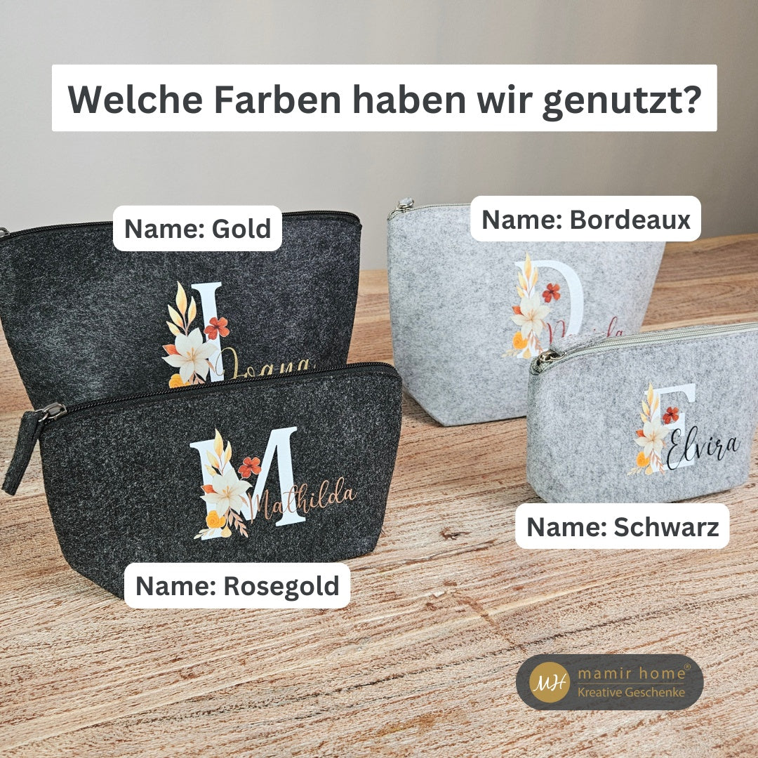 Kosmetiktaschen aus Filz in Grau und Anthrazit mit Namensfarben Gold, Bordeaux, Schwarz und Roségold