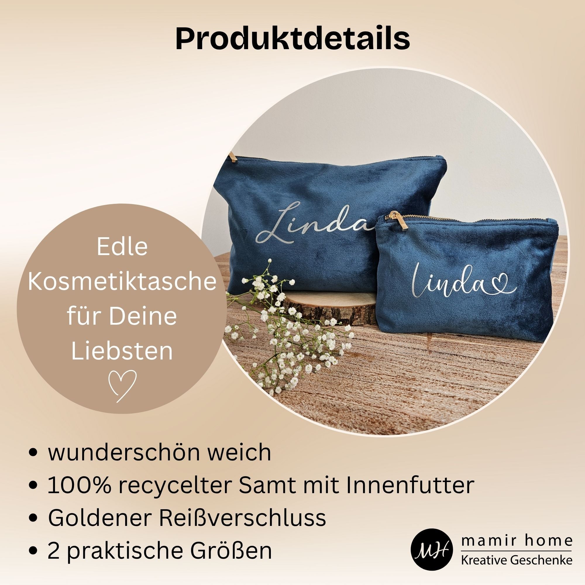 Produktdetailfoto der personalisierten Kosmetiktasche aus blauem Samt mit Namen Linda – weich, nachhaltig und elegant