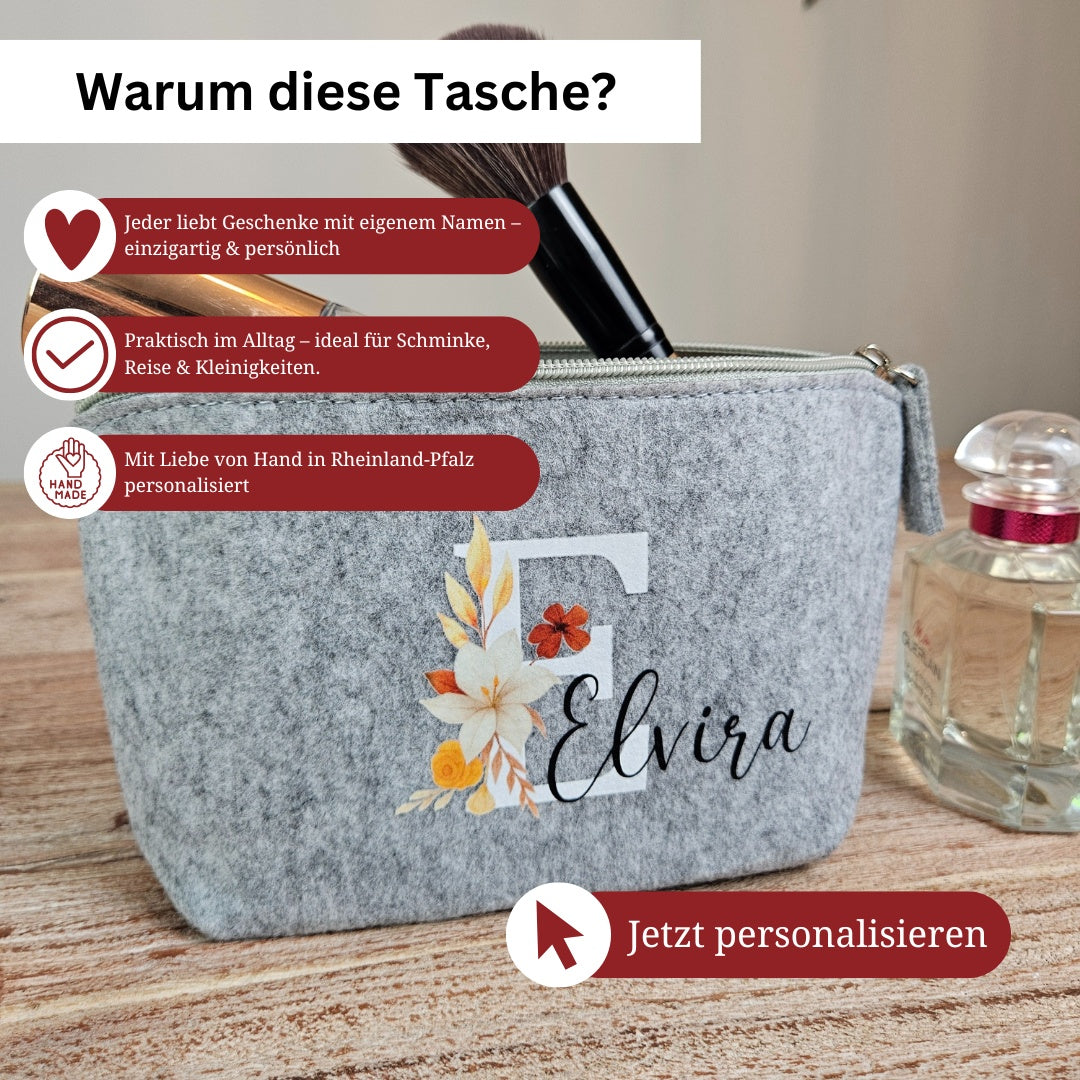Schminktasche aus Filz in Grau mit Initial und Name Elvira, daneben Icons mit Vorteilen und Call-to-Action