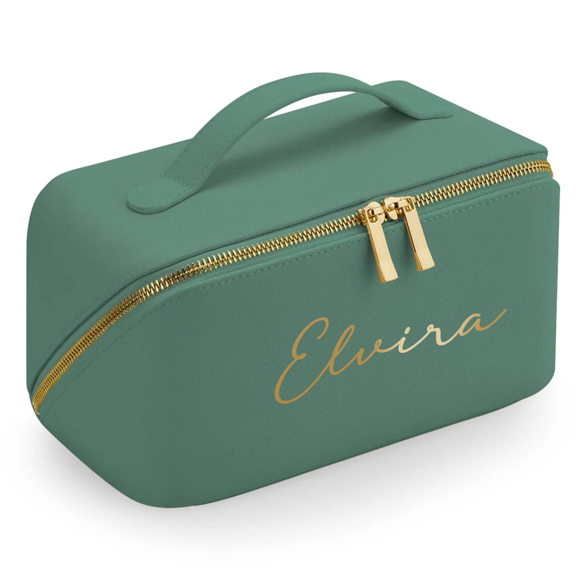 Große Kosmetiktasche in Salbeigrün mit goldener Schrift personalisiert