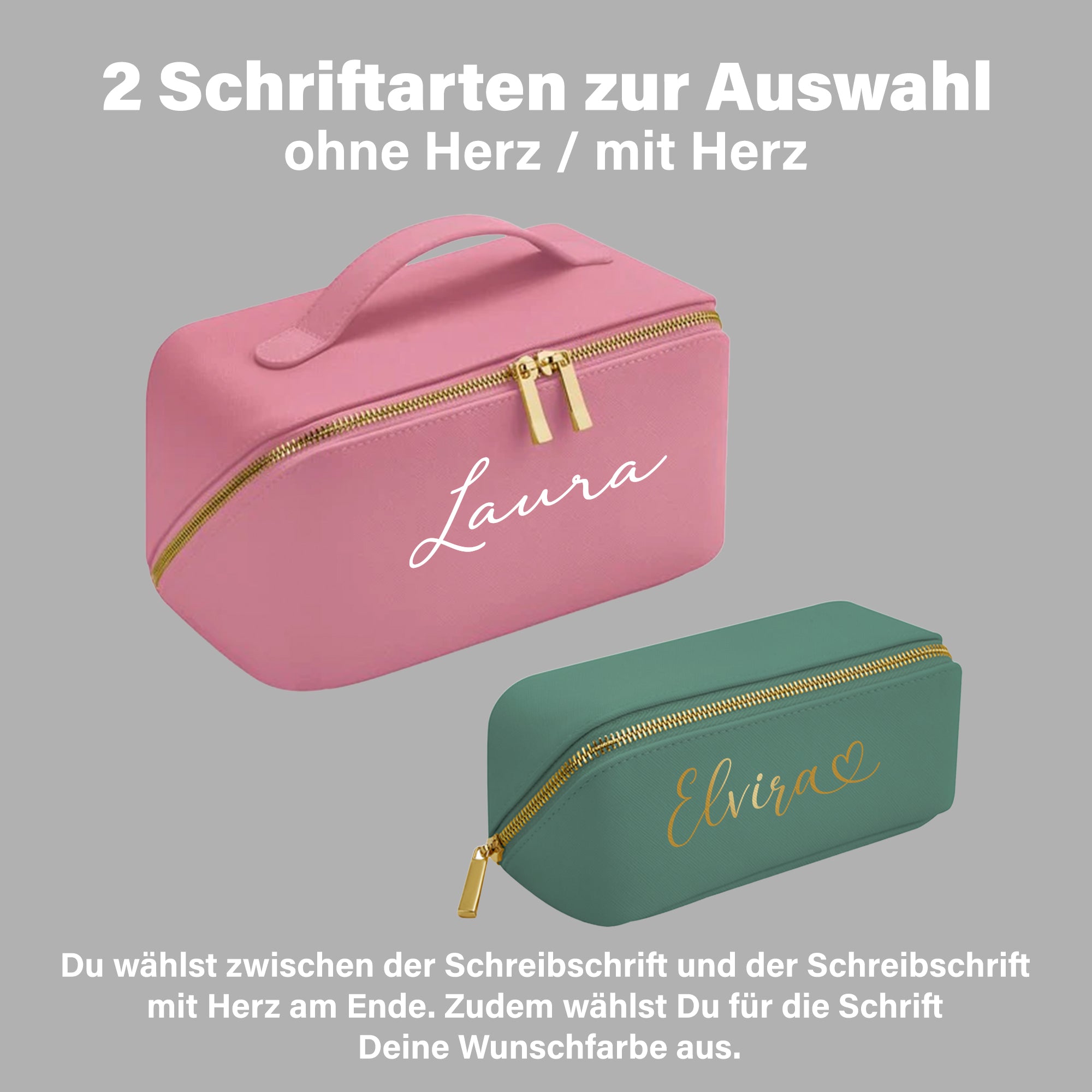 Zwei personalisierte Kosmetiktaschen mit Namen in verschiedenen Schriftarten