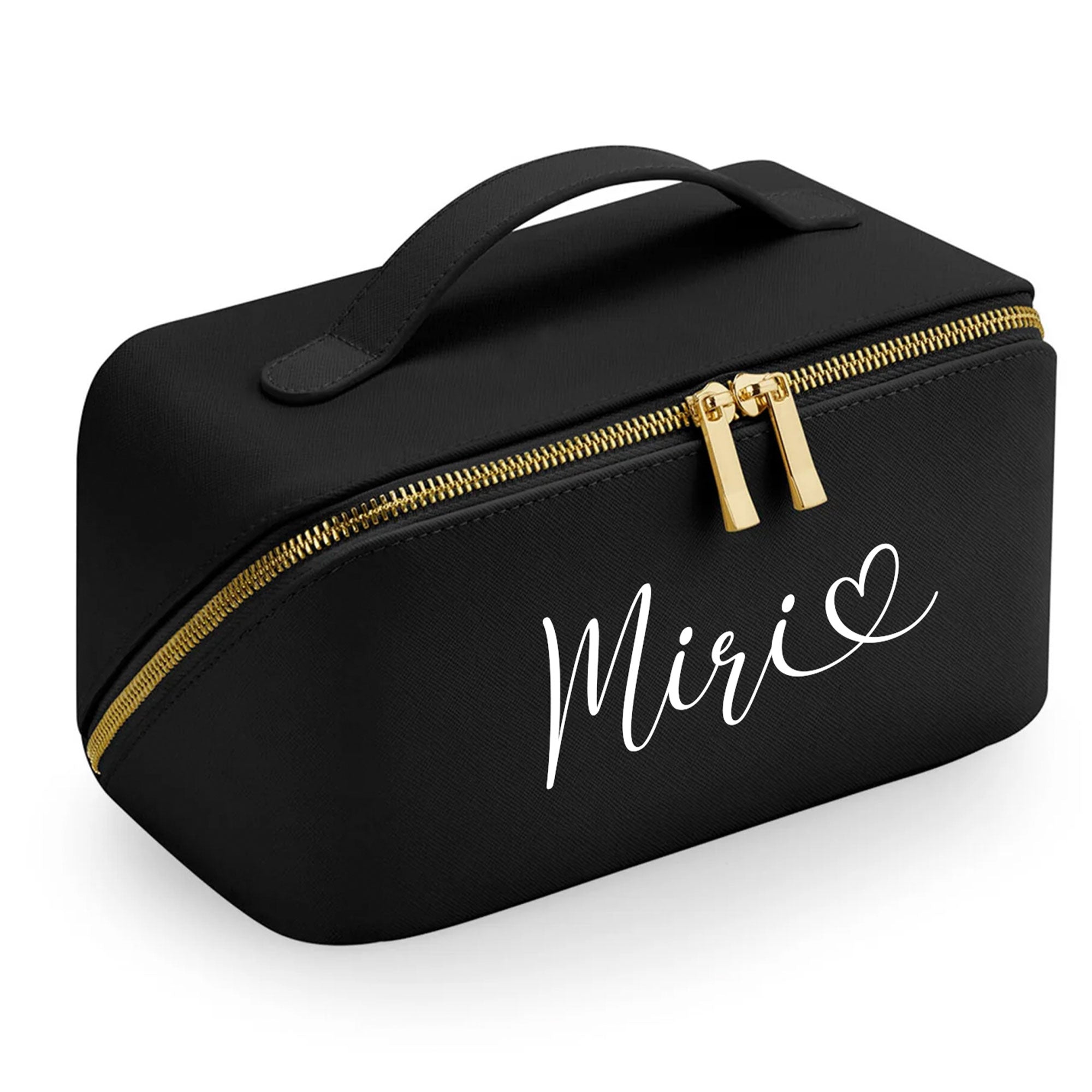 Große schwarze Kosmetiktasche mit weißer Herz-Schrift personalisiert