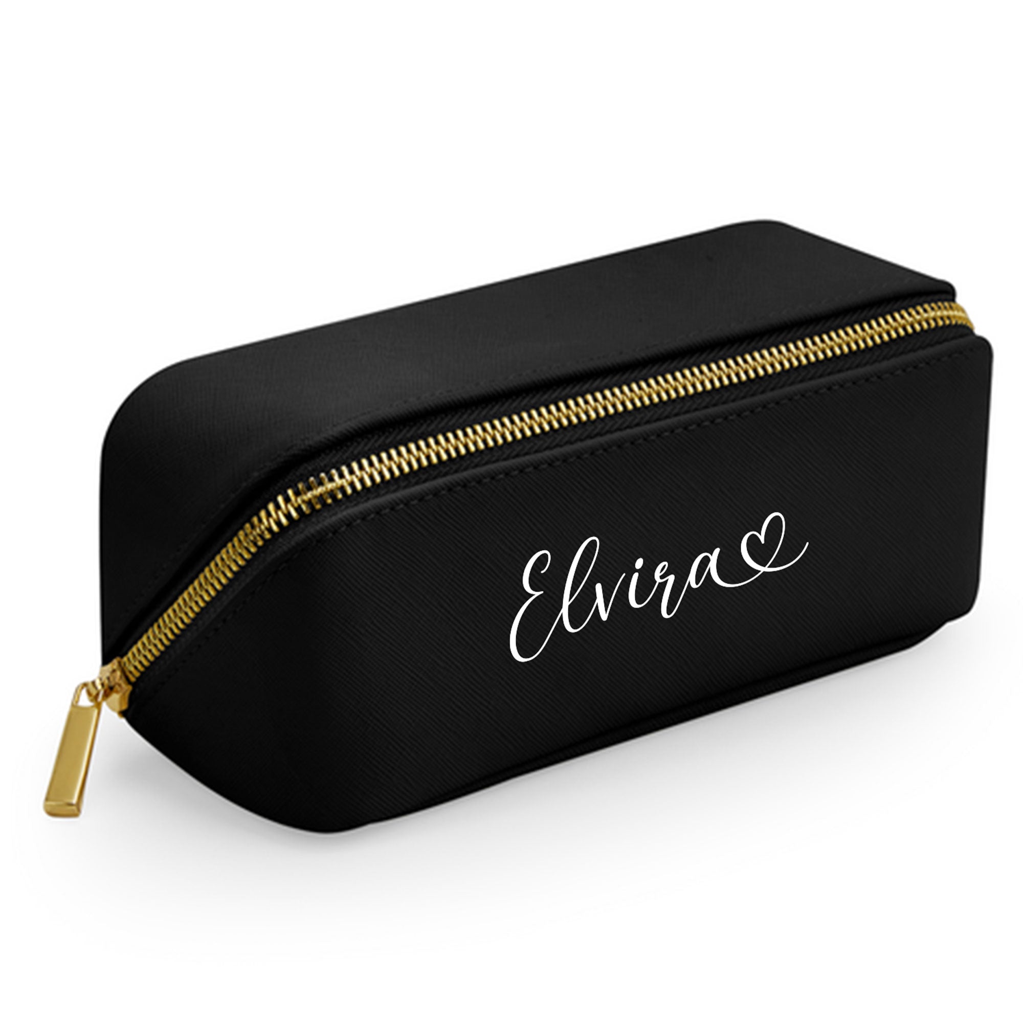 Kleine schwarze Kosmetiktasche mit weißer Herz-Schrift personalisiert