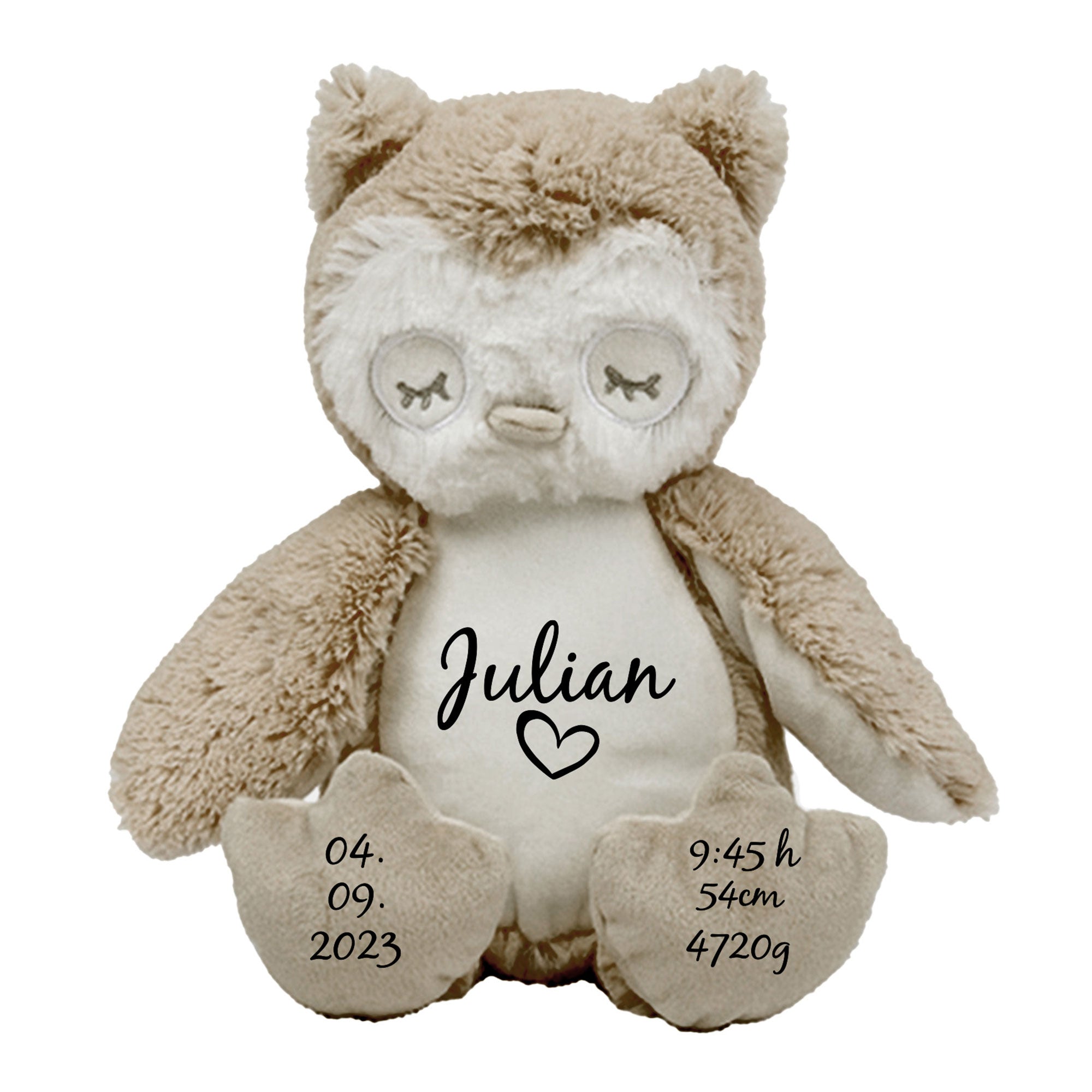 Kuscheltier Eule personalisiert mit Name und Geburtsdaten – ideales Geburtsgeschenk für Babys, freigestelltes Produktfoto