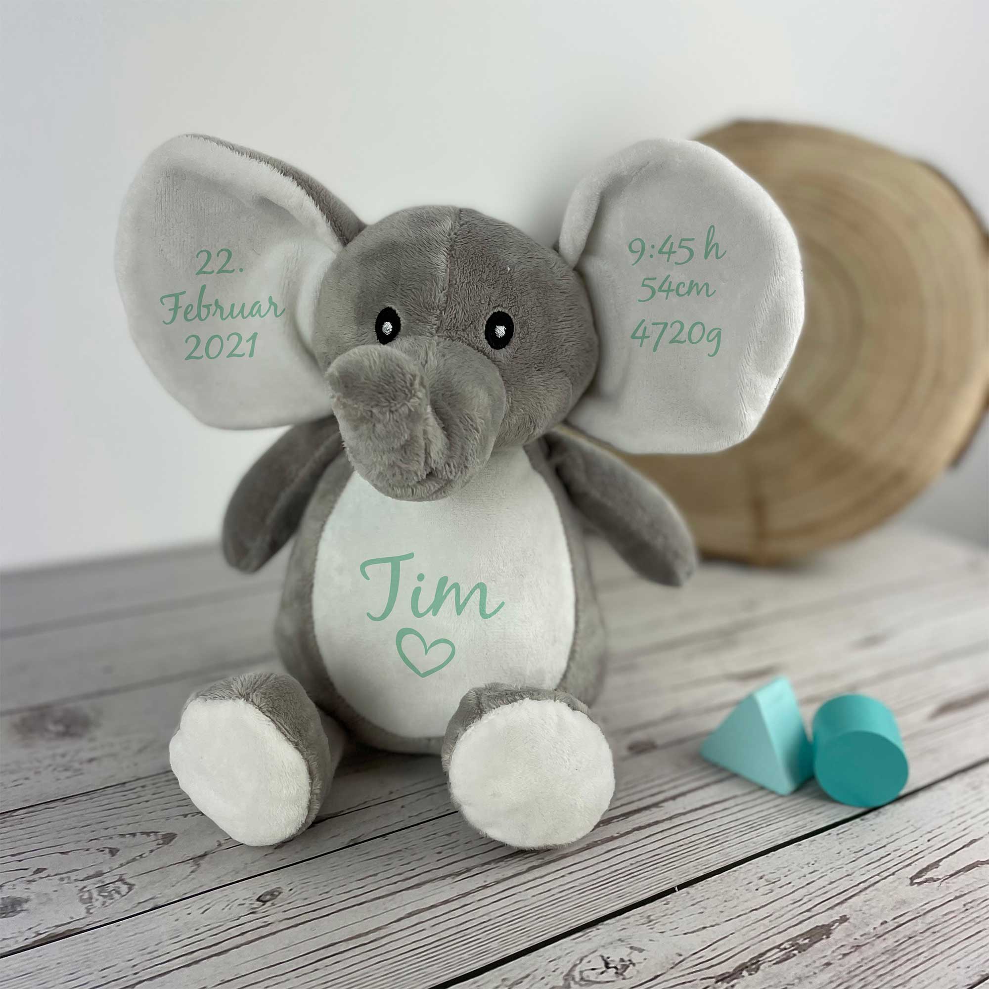 Kuscheltier mit Namen – Elefant Tim personalisiert mit Geburtsdatum in Mint, Geschenk zur Geburt