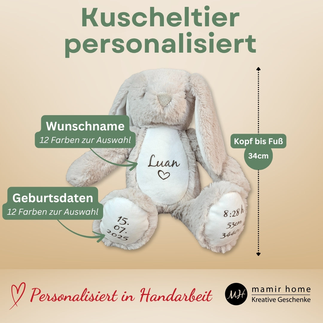 Kuscheltier mit Namen und Geburtsdaten – personalisiert in Handarbeit von mamir home