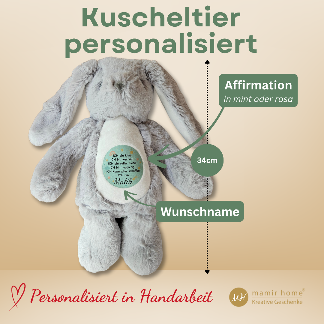 Kuscheltier personalisiert mit Affirmation und Wunschname – weicher Hase als Mutmacher zur Einschulung oder Geburt.
