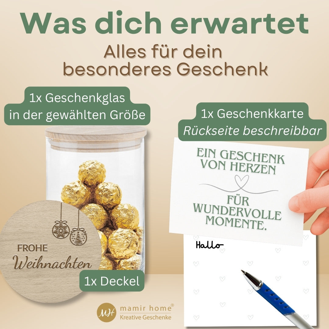 Lieferumfang: Vorratsglas, gravierter Holzdeckel „Frohe Weihnachten“ und Geschenkkarte