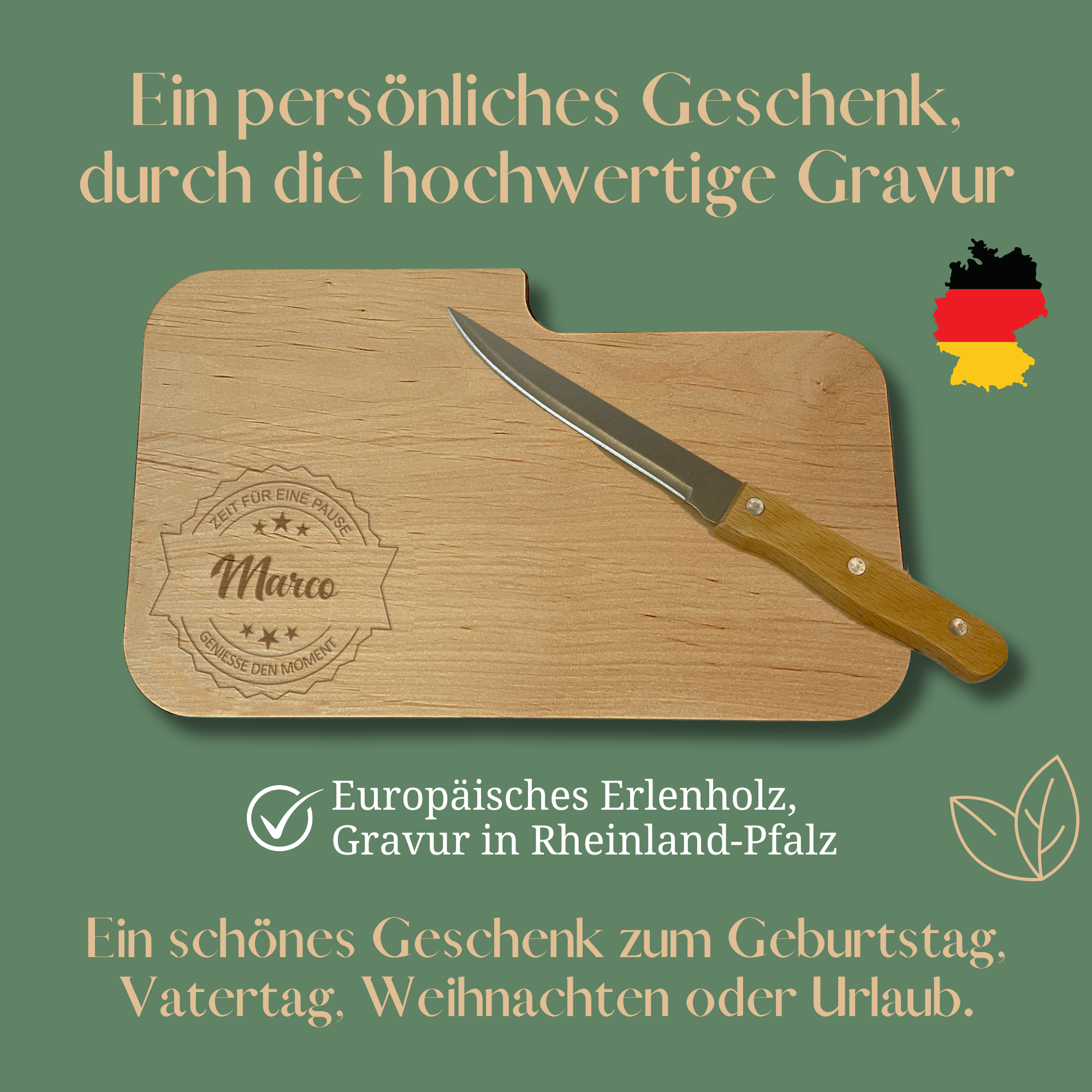 Messerbrett mit Gravur aus Erle – personalisiertes Geschenk zum Vatertag