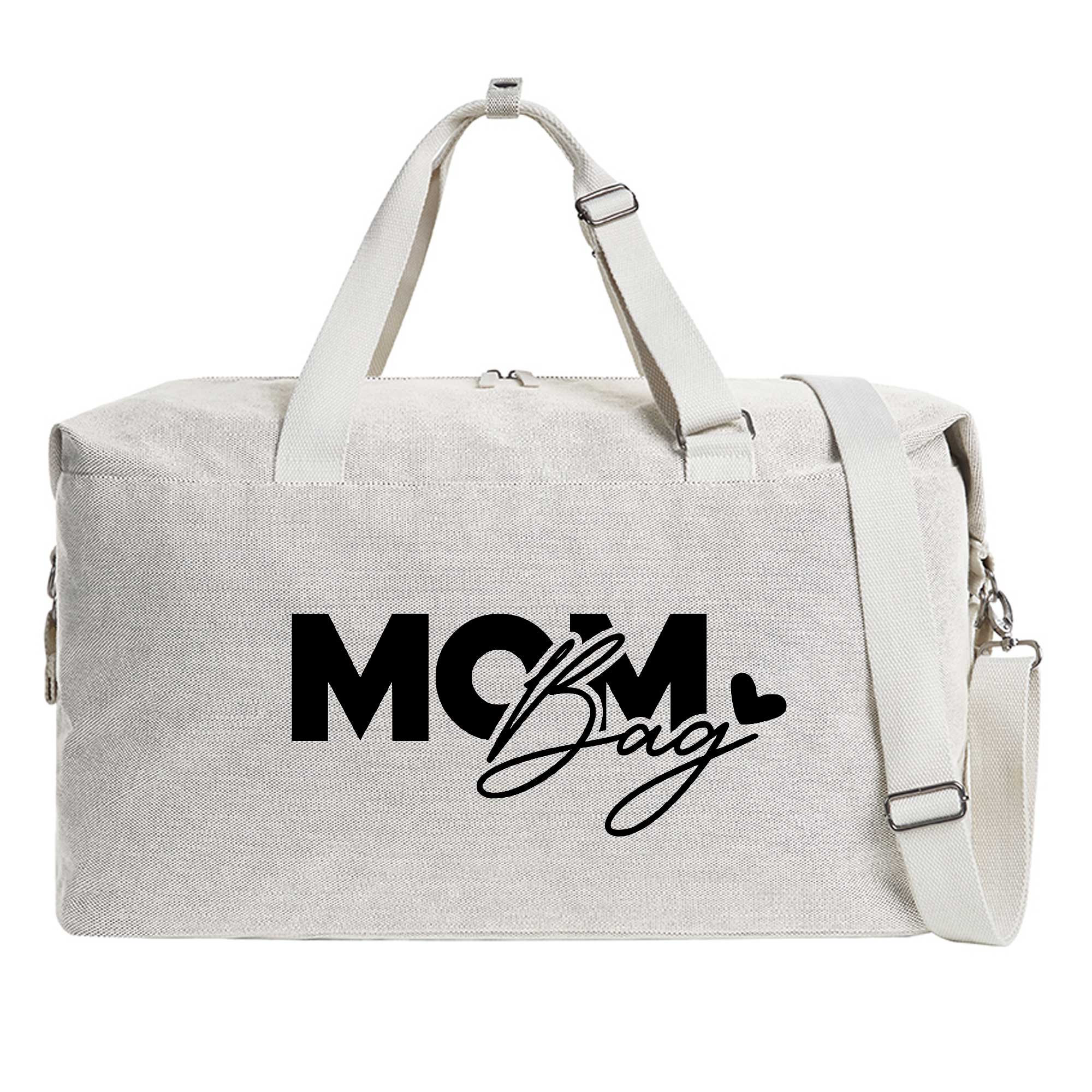 Freigestellte Ansicht der sandfarbenen Mom Bag mit Aufschrift und Schultergurt