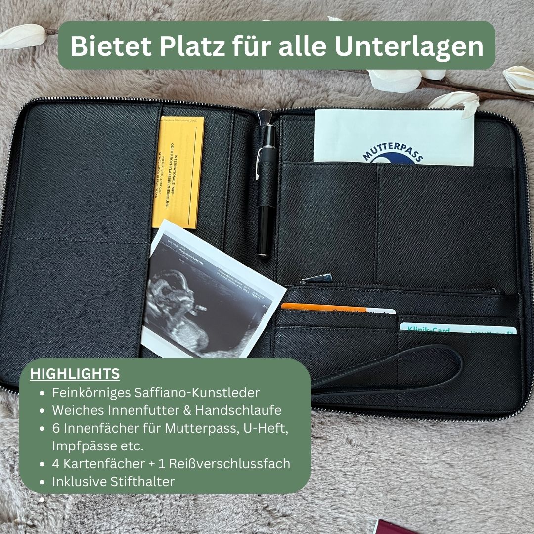 Detailansicht des MOM Organizers – bietet Platz für Mutterpass, U-Heft und Impfpässe