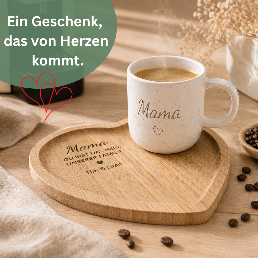 Muttertagsgeschenk Mama personalisiert – Tasse Mama & Herz Tablett mit Gravur | Geschenk für Mama & Oma | Du bist das Herz unserer Familie + Namen