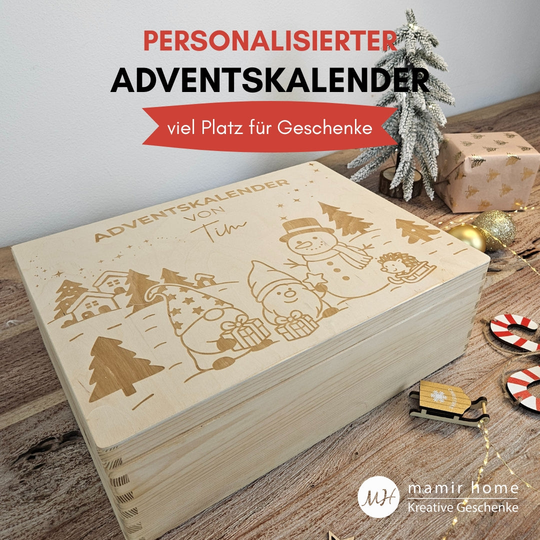 Nachhaltiger Adventskalender aus Holz mit Gravur, wiederverwendbare Adventskiste mit Säckchen