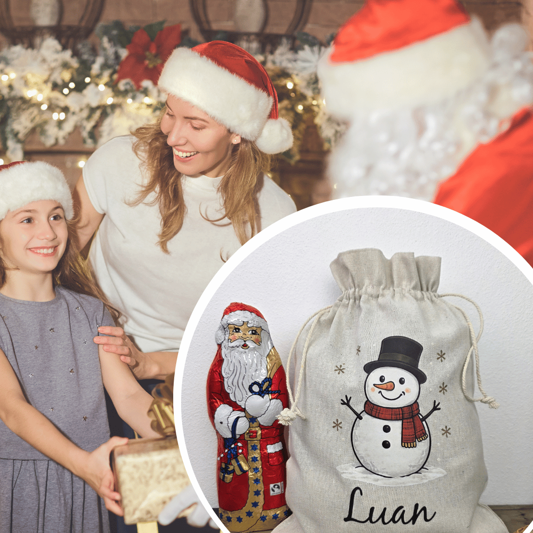Nikolaussack personalisiert mit Namen – Schneemann Weihnachtssack