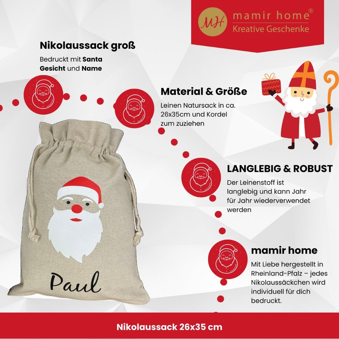 Personalisierter Nikolaussack Paul – Infografik zu Material, Größe und Handarbeit von mamir home
