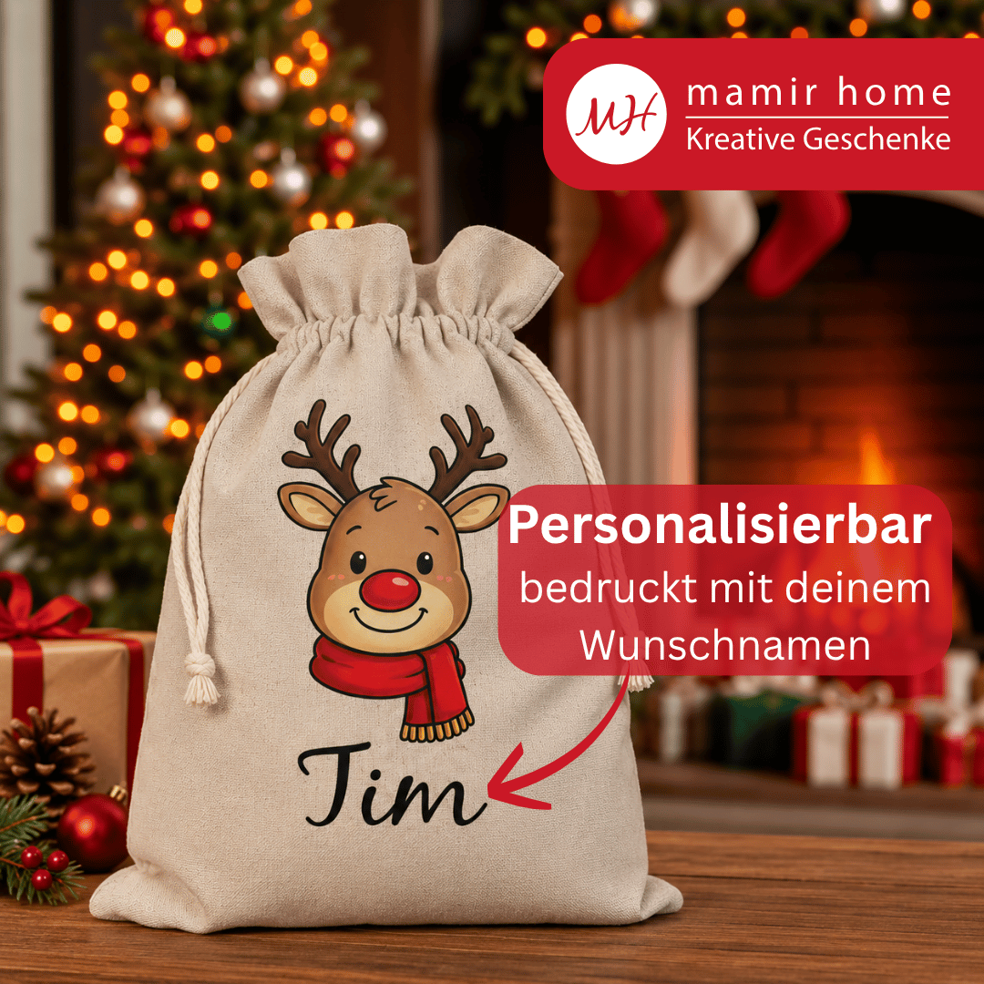 Weihnachtssack mit Namen – RENTIER - Nikolaussack personalisiert