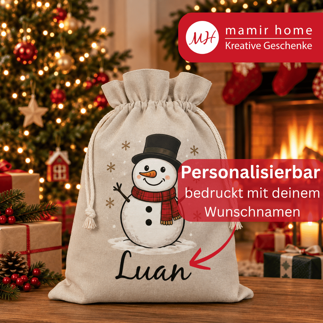 Nikolaussack personalisiert mit Namen – Schneemann Weihnachtssack