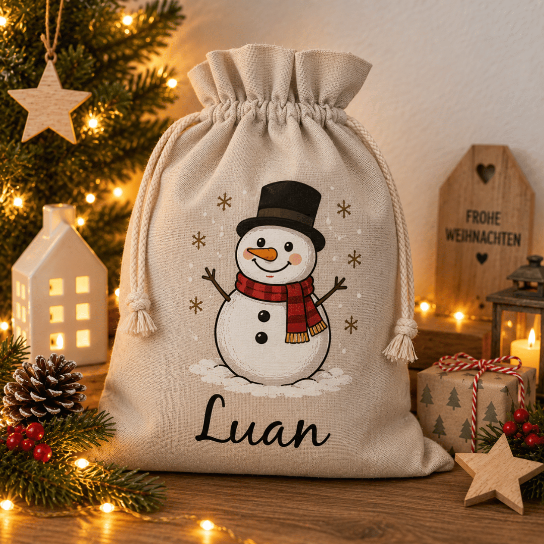 Nikolaussack personalisiert mit Namen – Schneemann Weihnachtssack