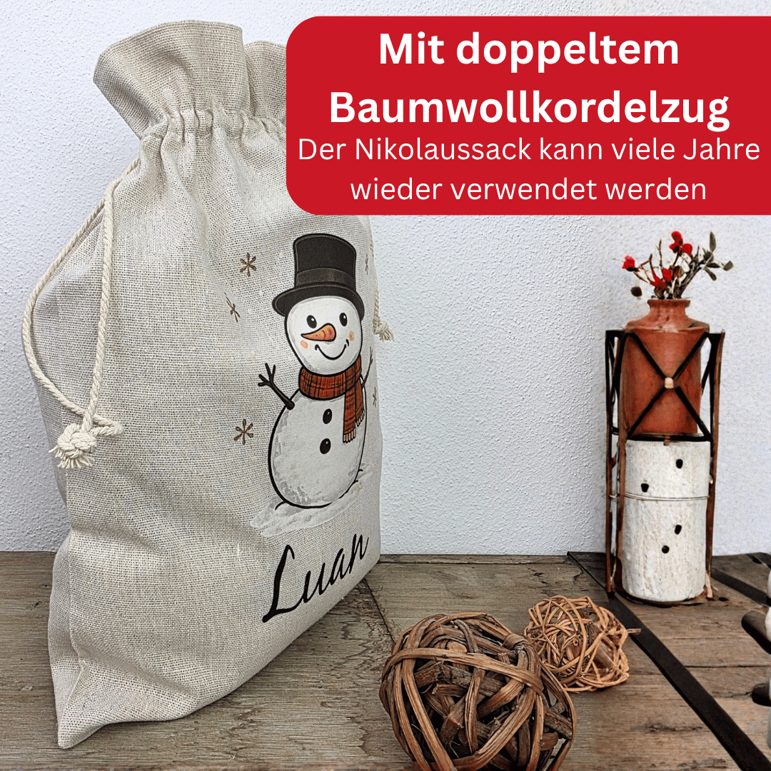 Nikolaussack personalisiert mit Namen – Schneemann Weihnachtssack