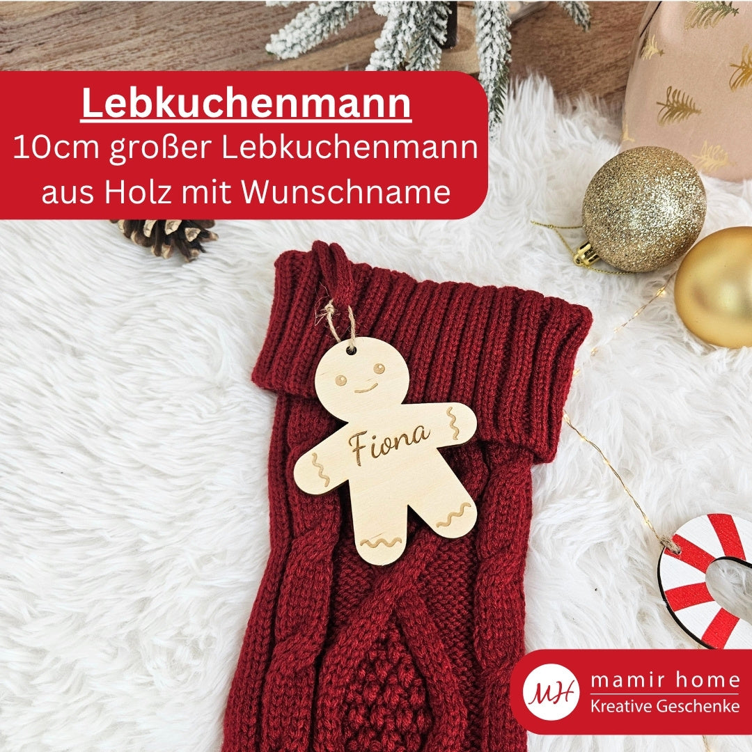 Rote Nikolaussocke mit Holzanhänger in Lebkuchenmannform und eingraviertem Namen