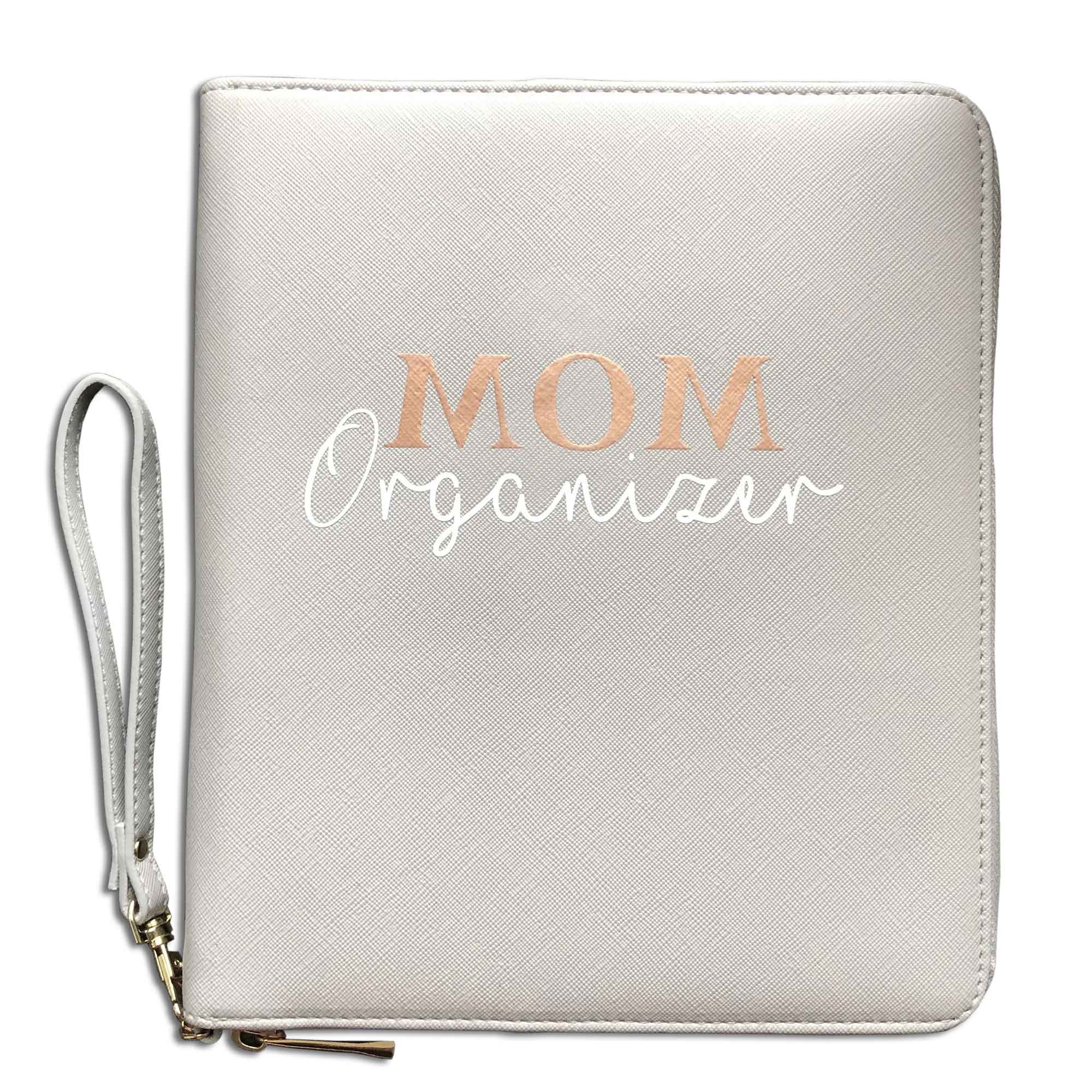 Grauer MOM Organizer – personalisierte U-Heft- und Mutterpasshülle für Schwangere und Mamas.