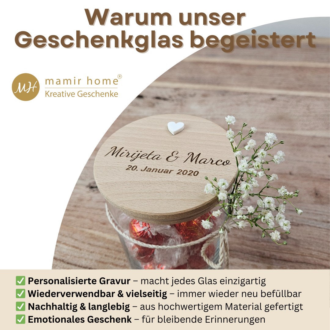 Personalisiertes Hochzeitsgeschenk – Geldgeschenk Hochzeit für das Brautpaar aus Glas mit Gravur | 3 Größen