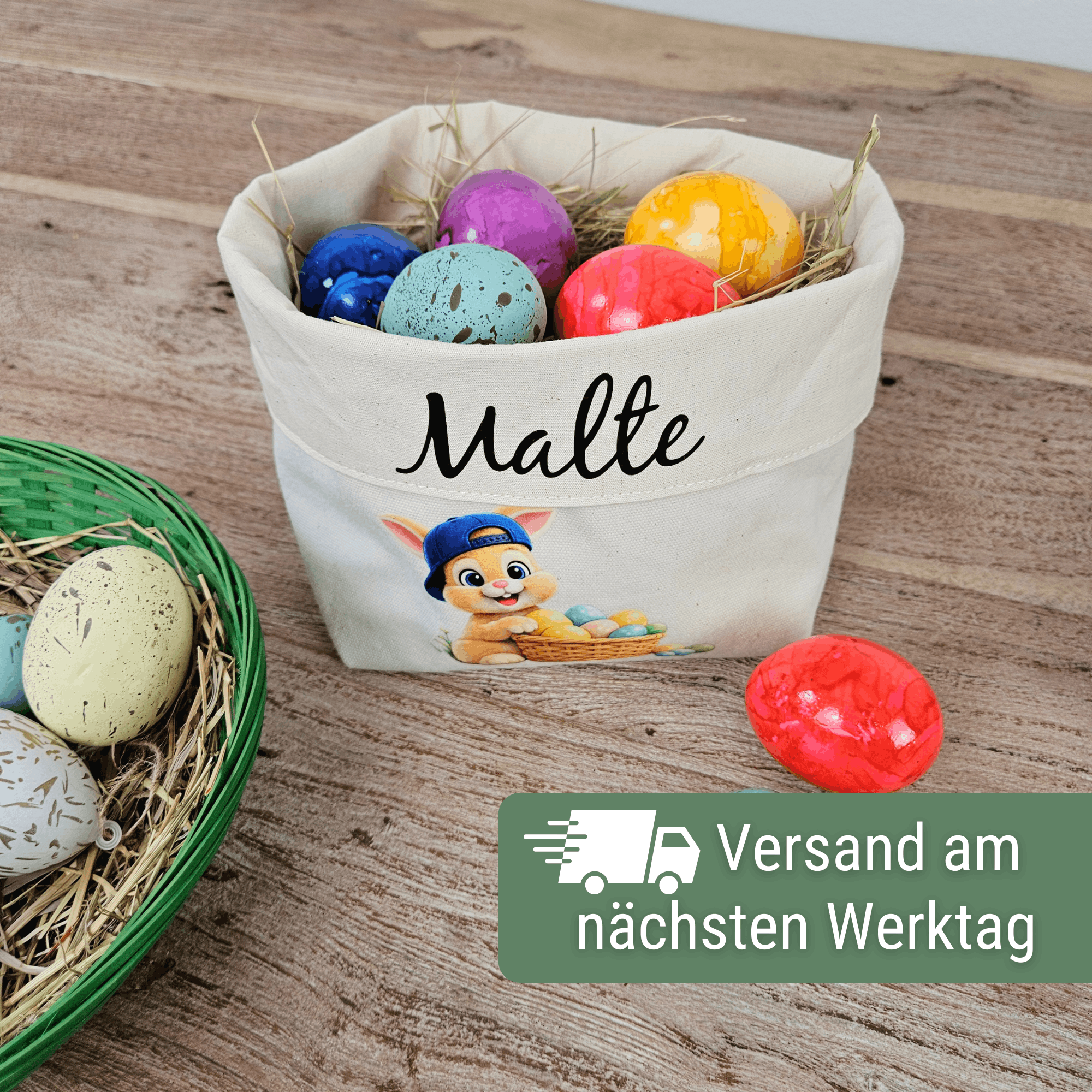 Osternest personalisiert mit Namen – Osterkörbchen für Kinder aus Baumwolle – süßes Ostergeschenk mit Hasenmotiv