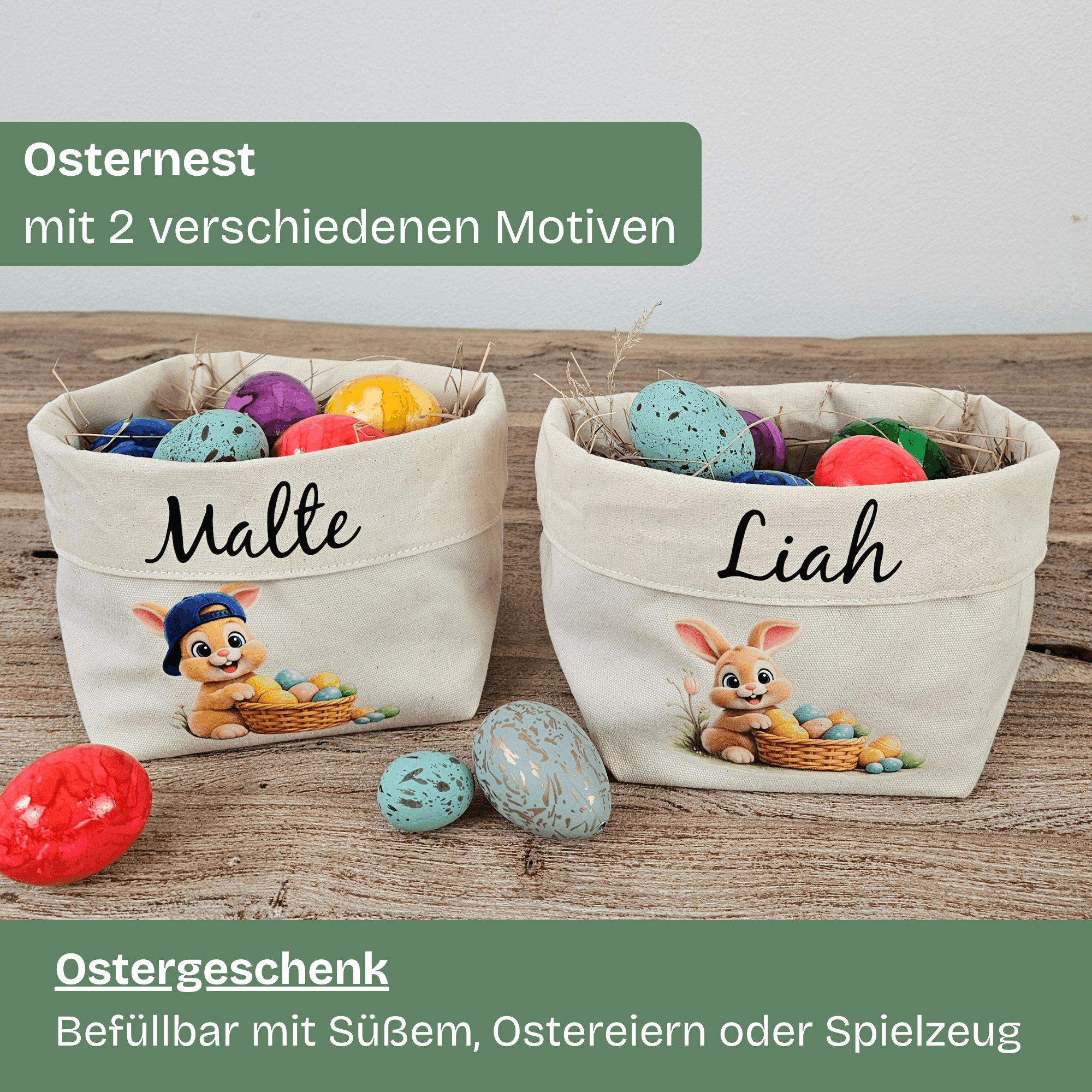 Osternest personalisiert mit Namen – Osterkörbchen für Kinder aus Baumwolle – süßes Ostergeschenk mit Hasenmotiv