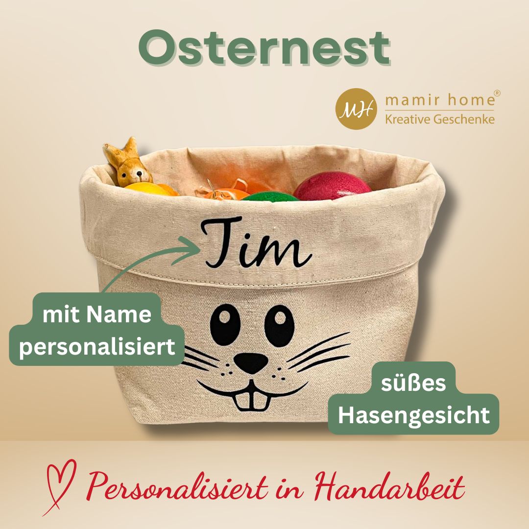Osternest mit Hasengesicht und Name – Infobild