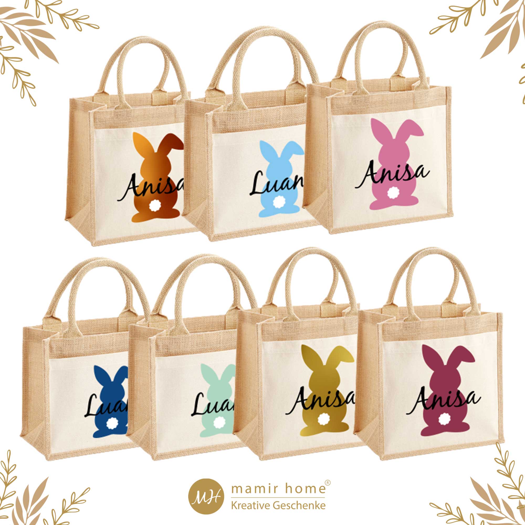 Personalisierte Ostertasche mit Hasenmotiv in verschiedenen Farben – Übersicht
