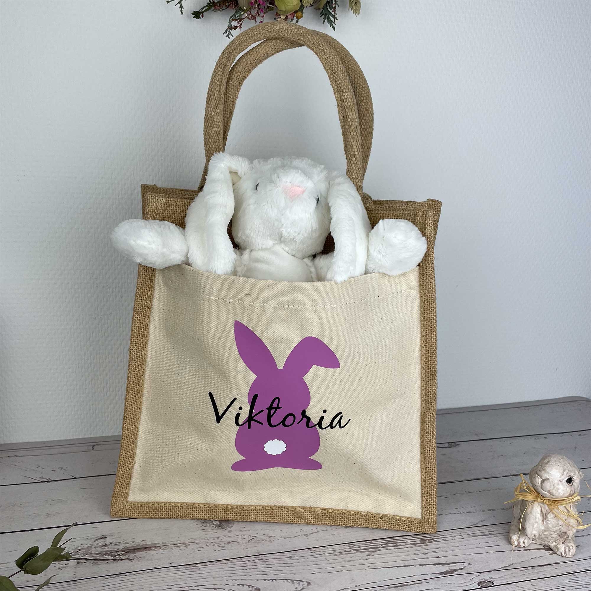 Große personalisierte Ostertasche mit lila Hasenmotiv und Kuscheltier