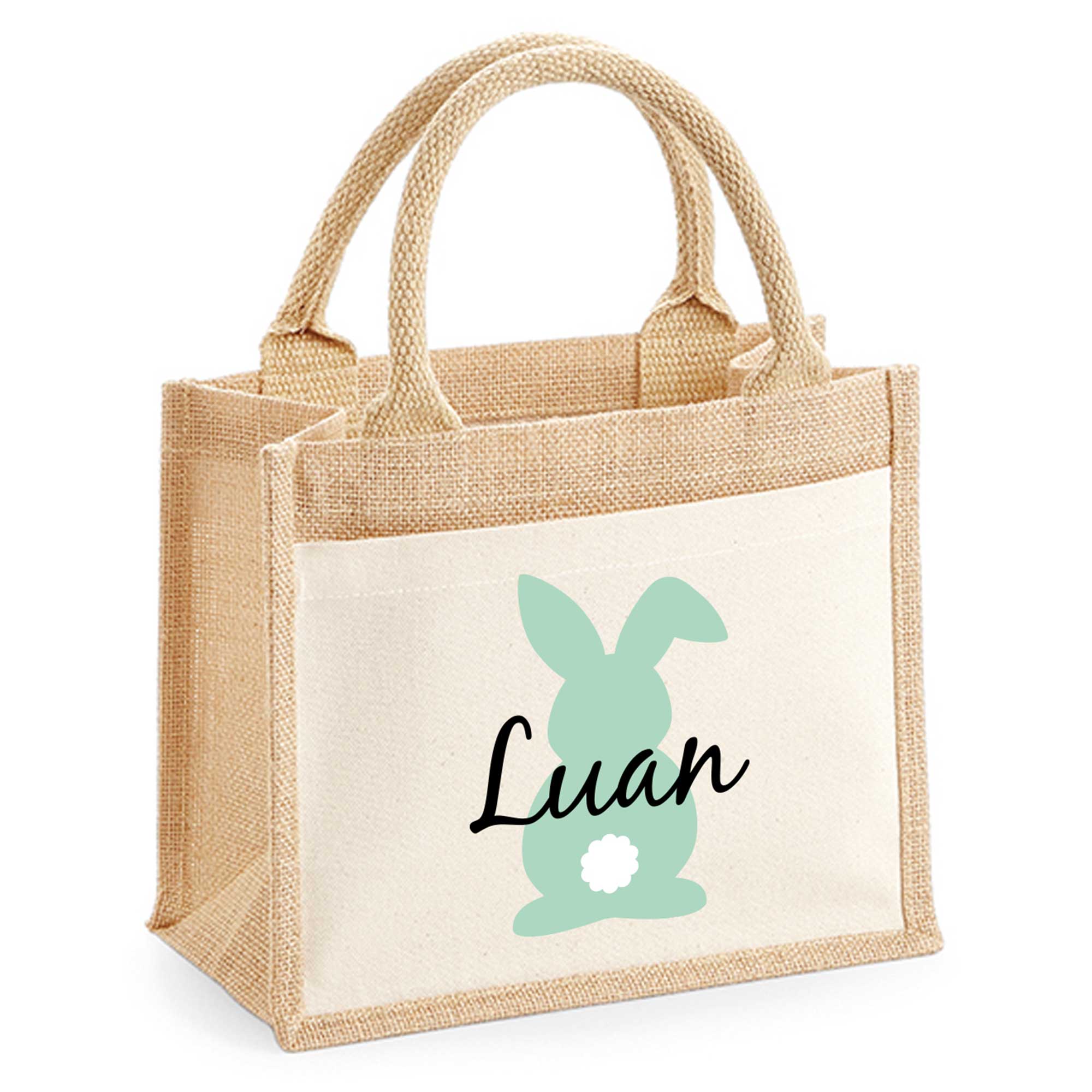 Kleine personalisierte Ostertasche mit mintfarbenem Hasenmotiv und Namen