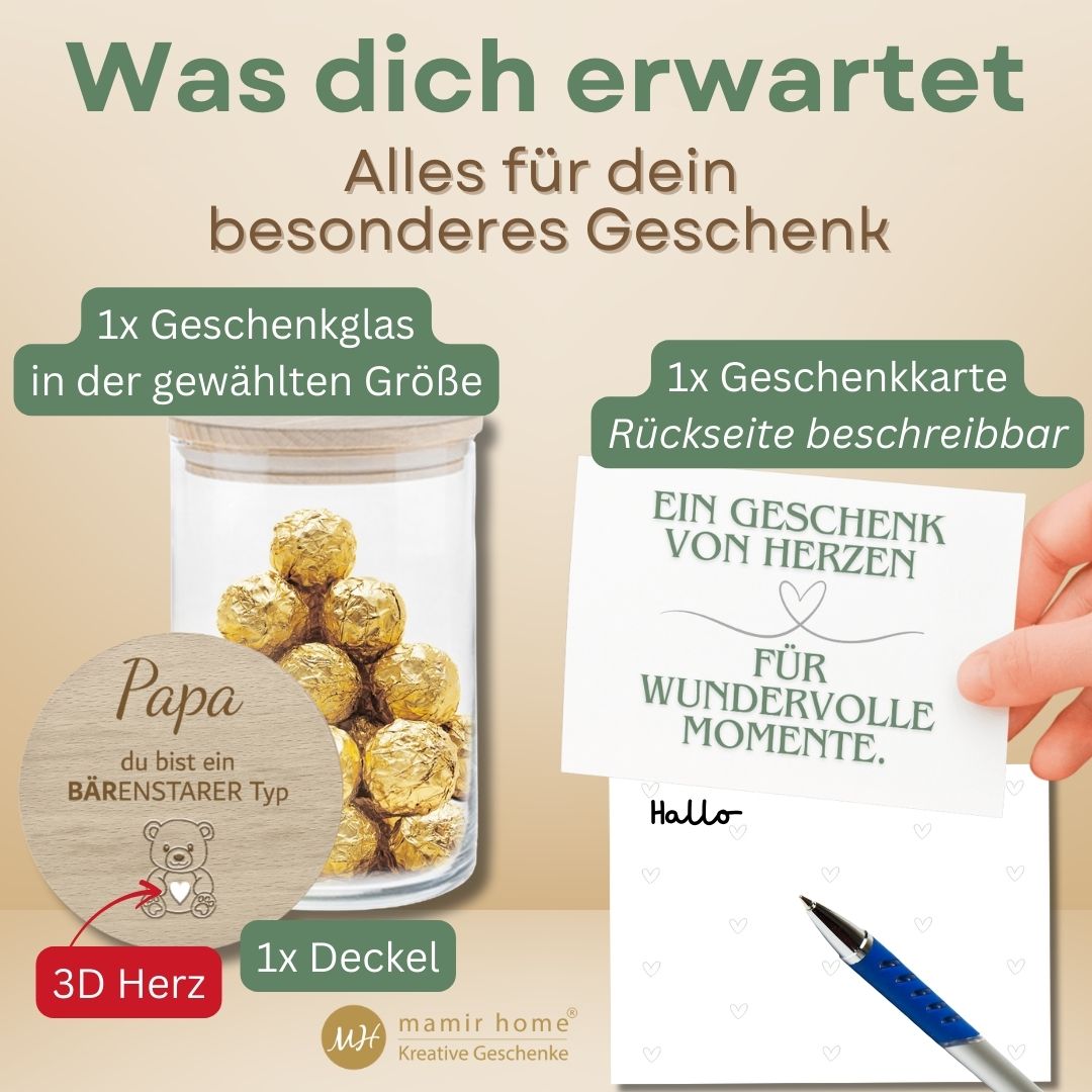 Geschenkglas mit goldenen Pralinen und Gravur für Papa