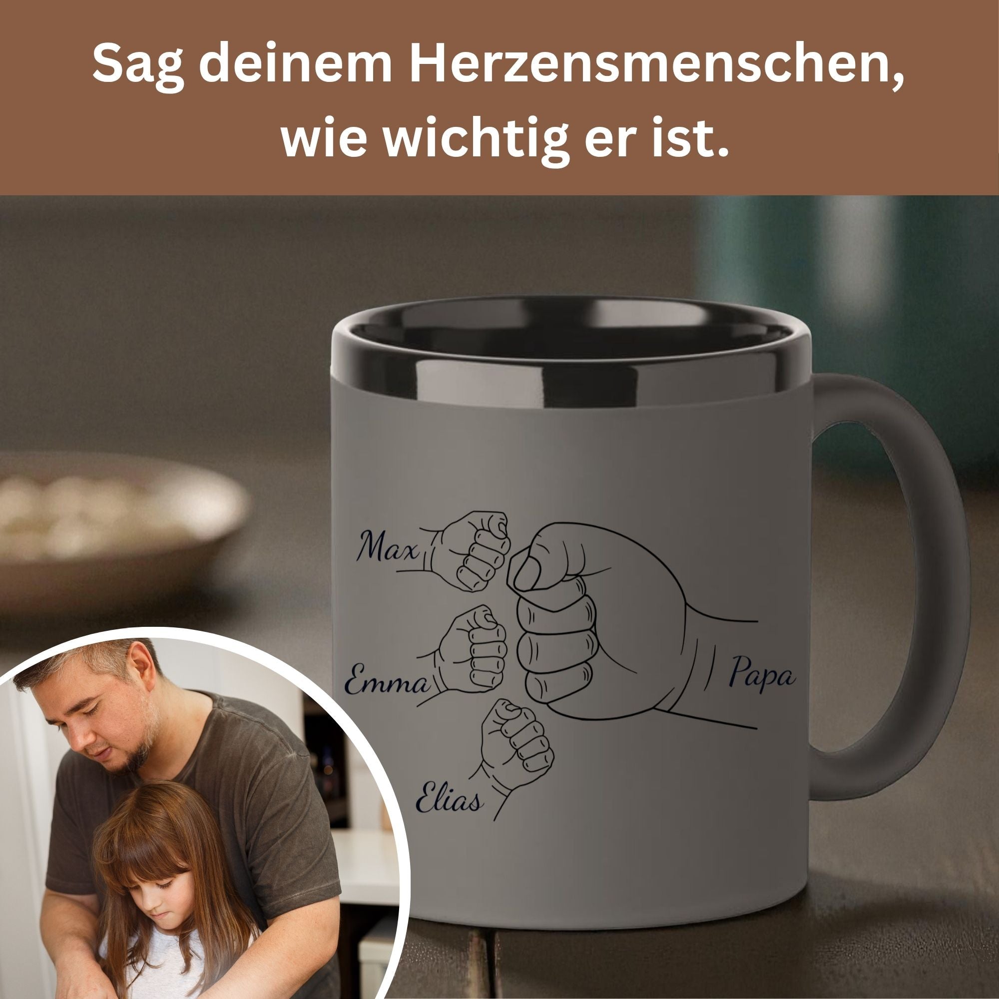 Papa Tasse in grau mit gravierten Kinderfaeusten und Namen, emotionales Geschenk fuer Papa oder Opa zum Geburtstag oder Vatertag.