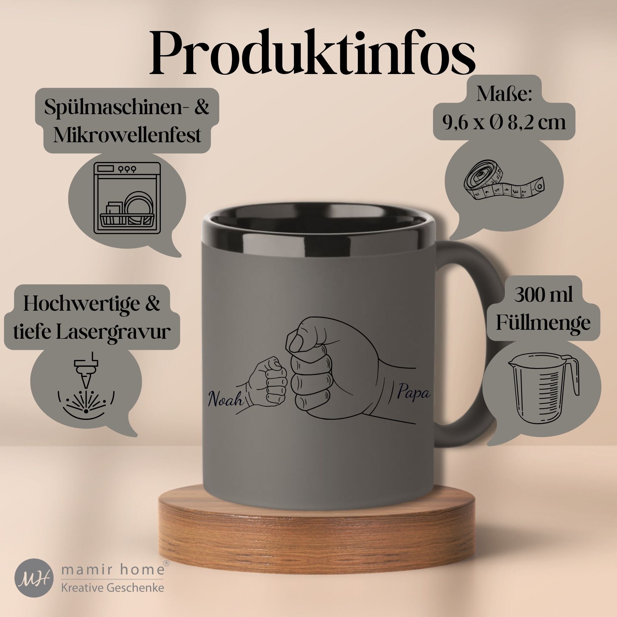 Produktfoto der Papa Tasse mit Lasergravur, Soft-Touch-Oberflaeche, 300ml Fassung und Kinderfaust-Motiv – Geschenkidee fuer Papa.