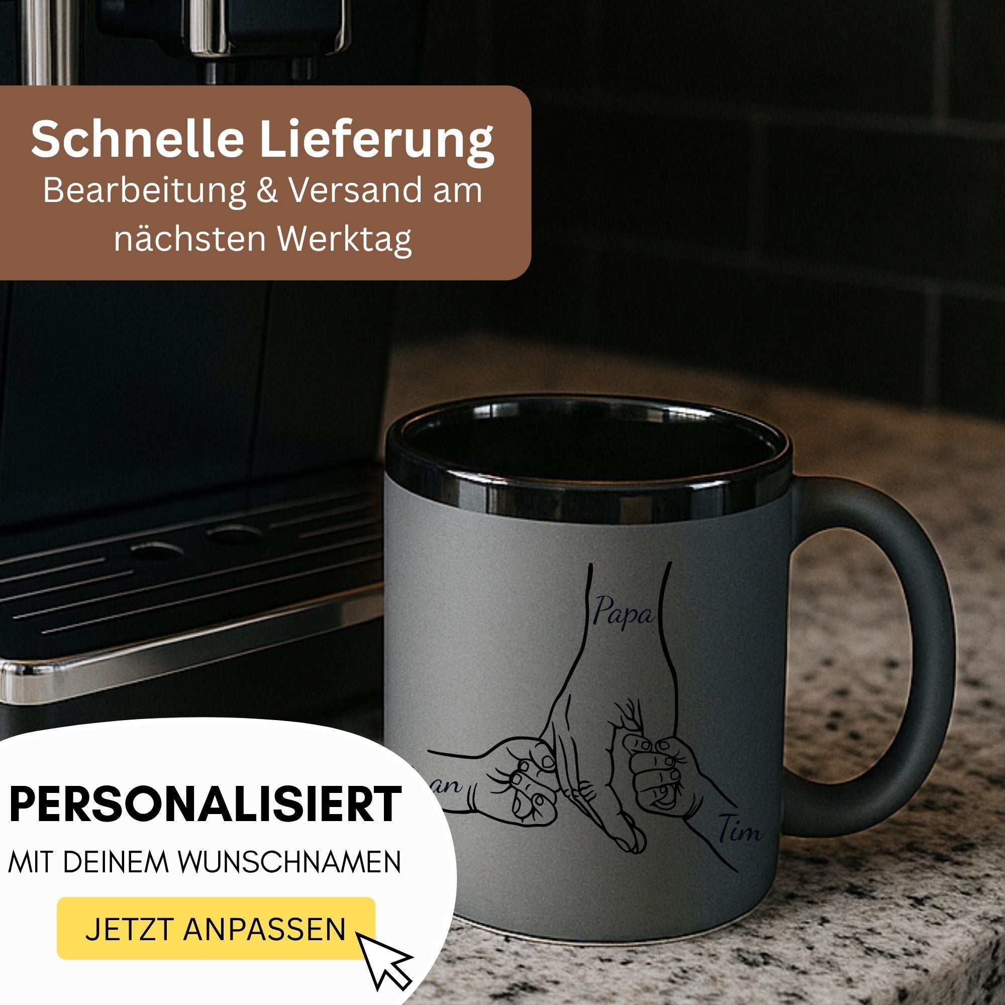 Detailaufnahme einer grauen Soft-Touch Papa Tasse mit schwarzer Gravur, hochwertige Qualität für personalisierte Geschenke.